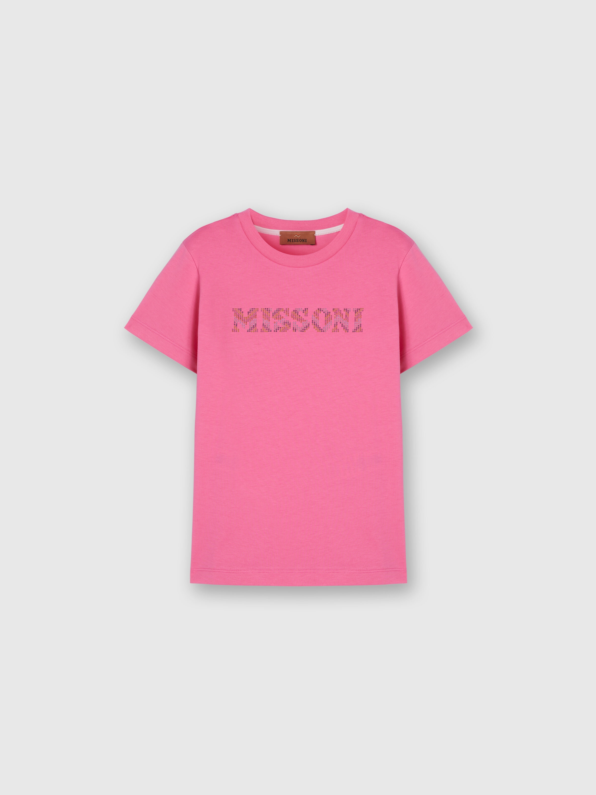 Cotton crewneck T-shirt with rhinestone logo, Fuchsia & Red - 0