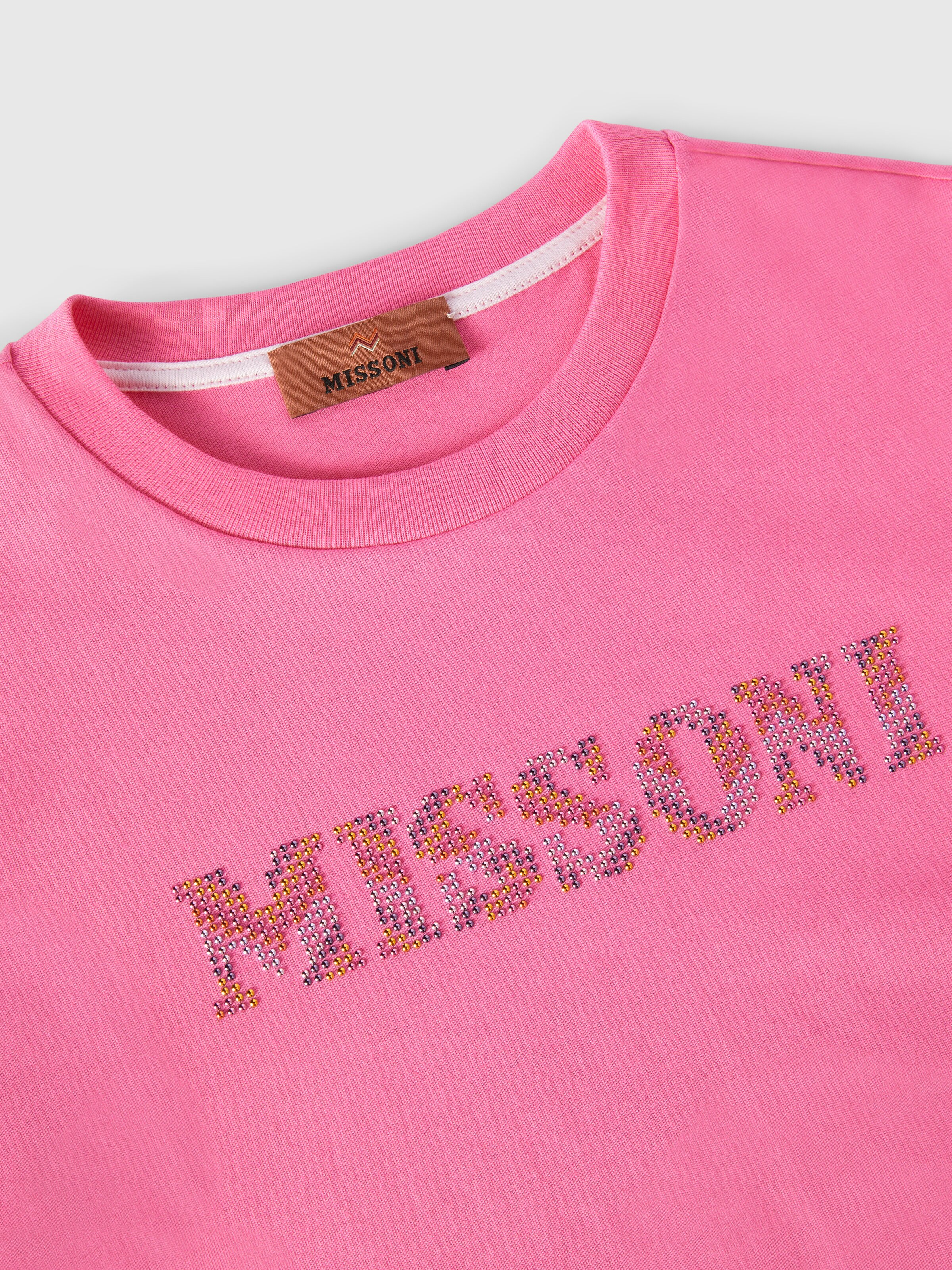 Cotton crewneck T-shirt with rhinestone logo, Fuchsia & Red - 2