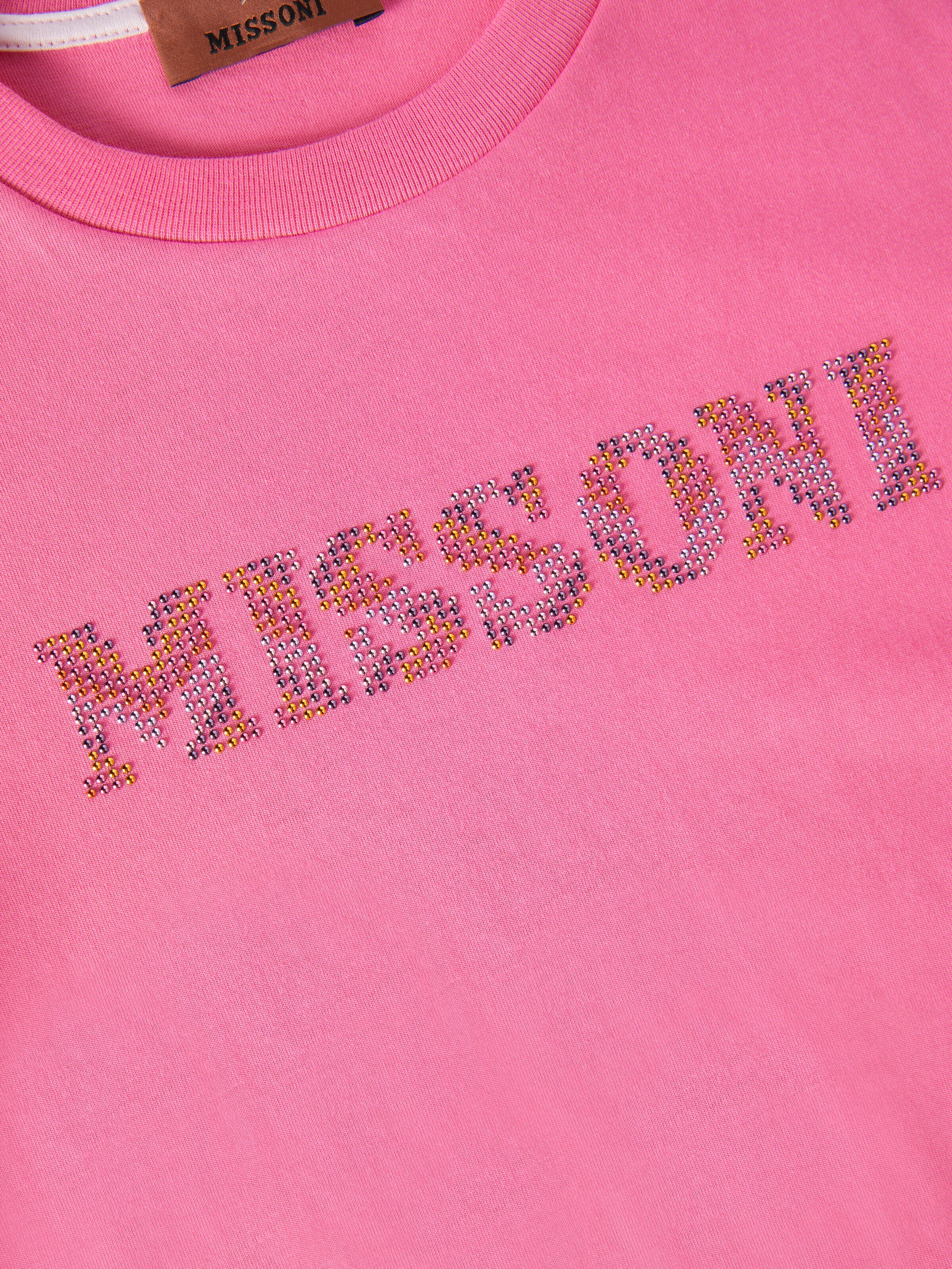 Cotton crewneck T-shirt with rhinestone logo, Fuchsia & Red - 3