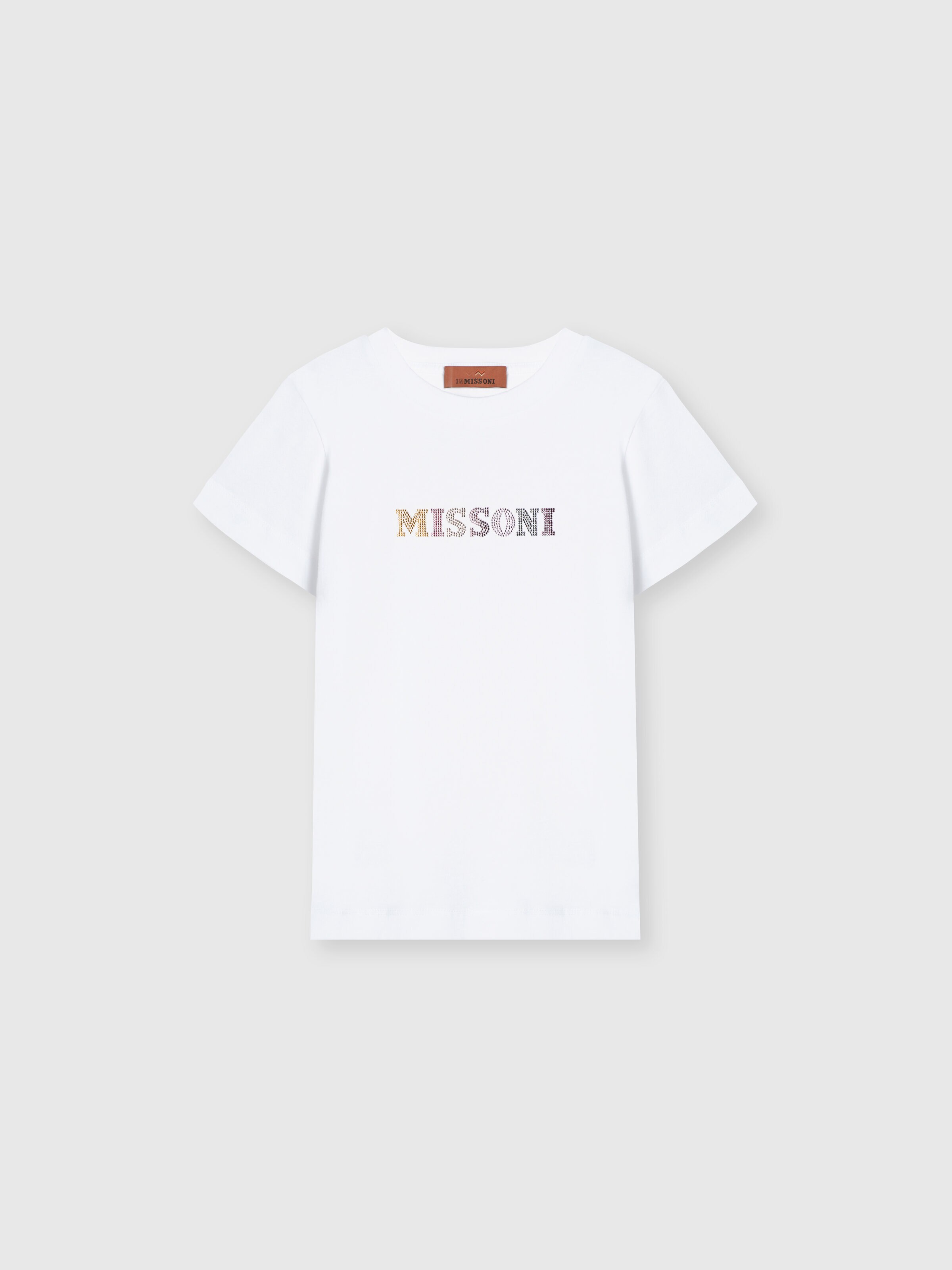 Cotton crewneck T-shirt with rhinestone lettering, White  - 0