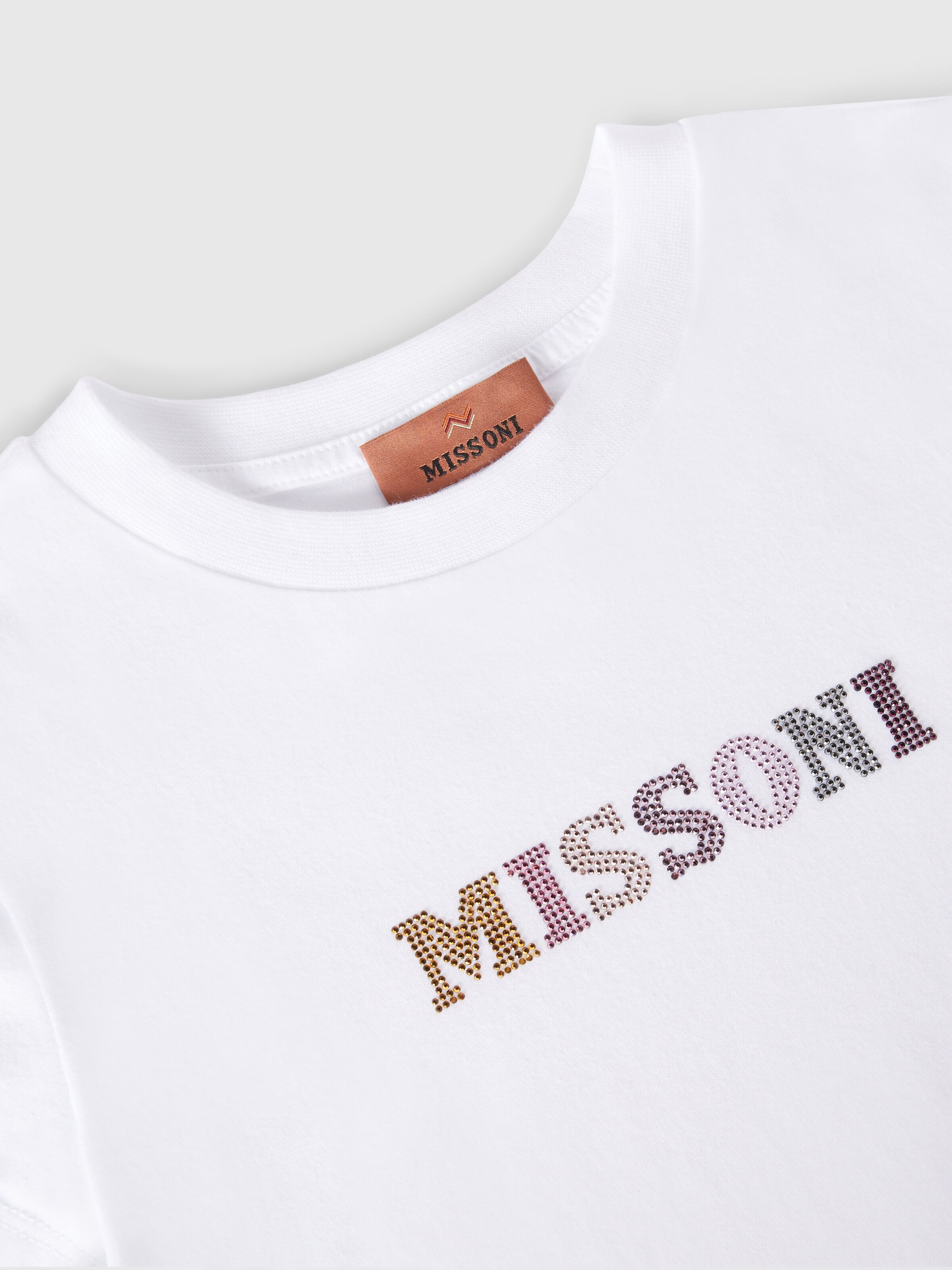 Cotton crewneck T-shirt with rhinestone lettering, White  - 2