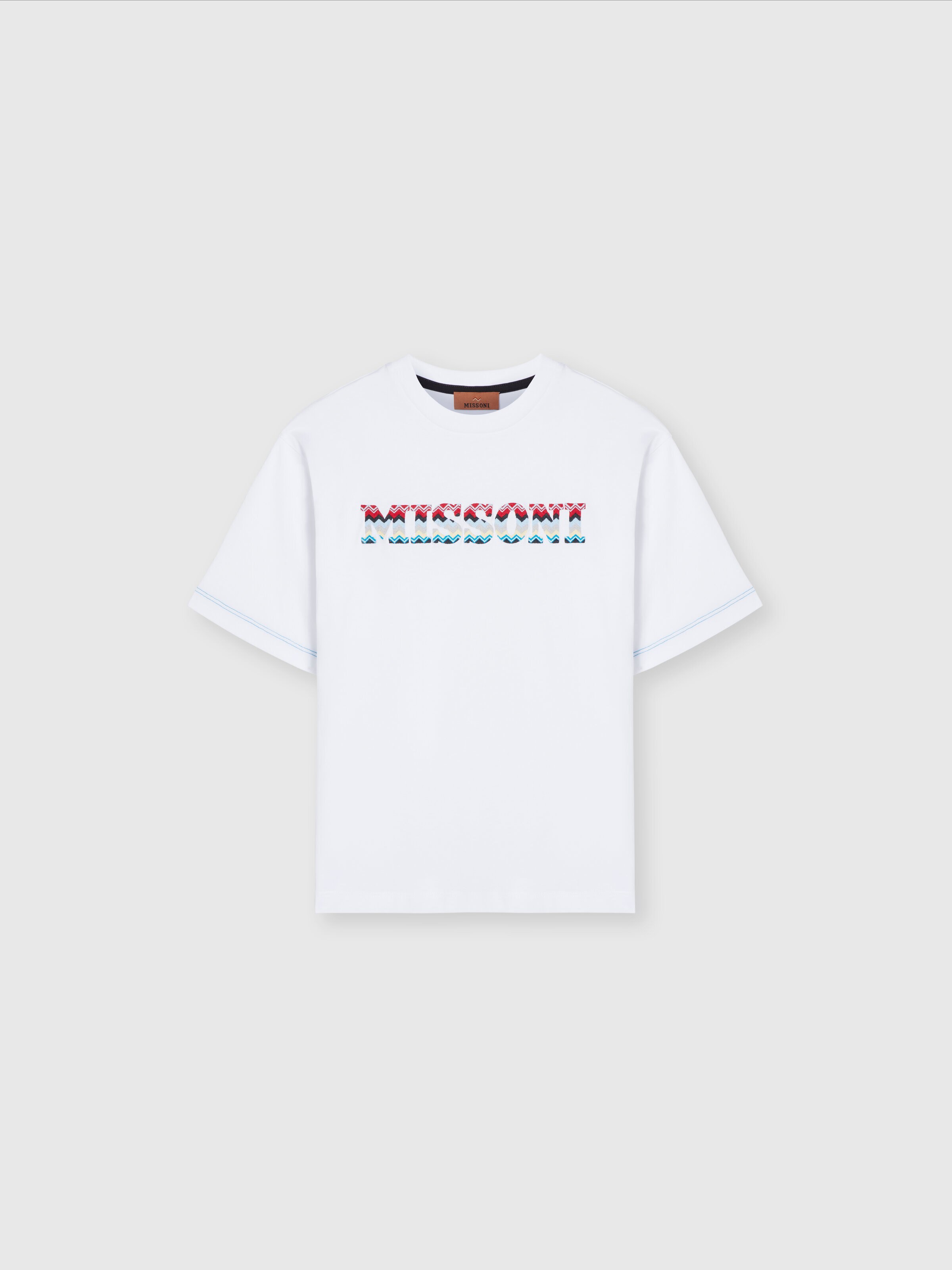 Cotton crewneck T-shirt with zig zag embroidered logo, White  - 0