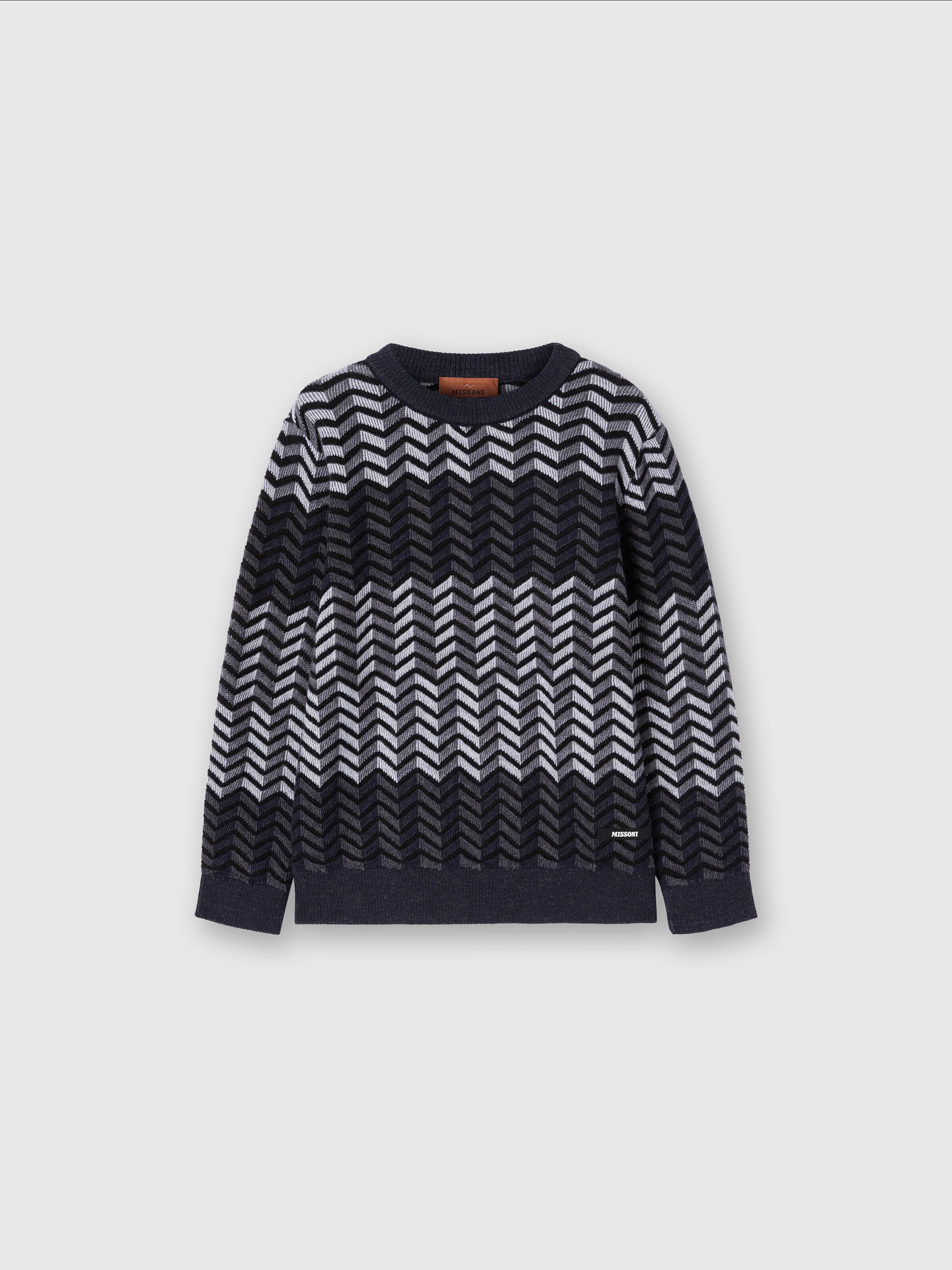 Crewneck sweater in zigzag virgin wool, Black & White - 0
