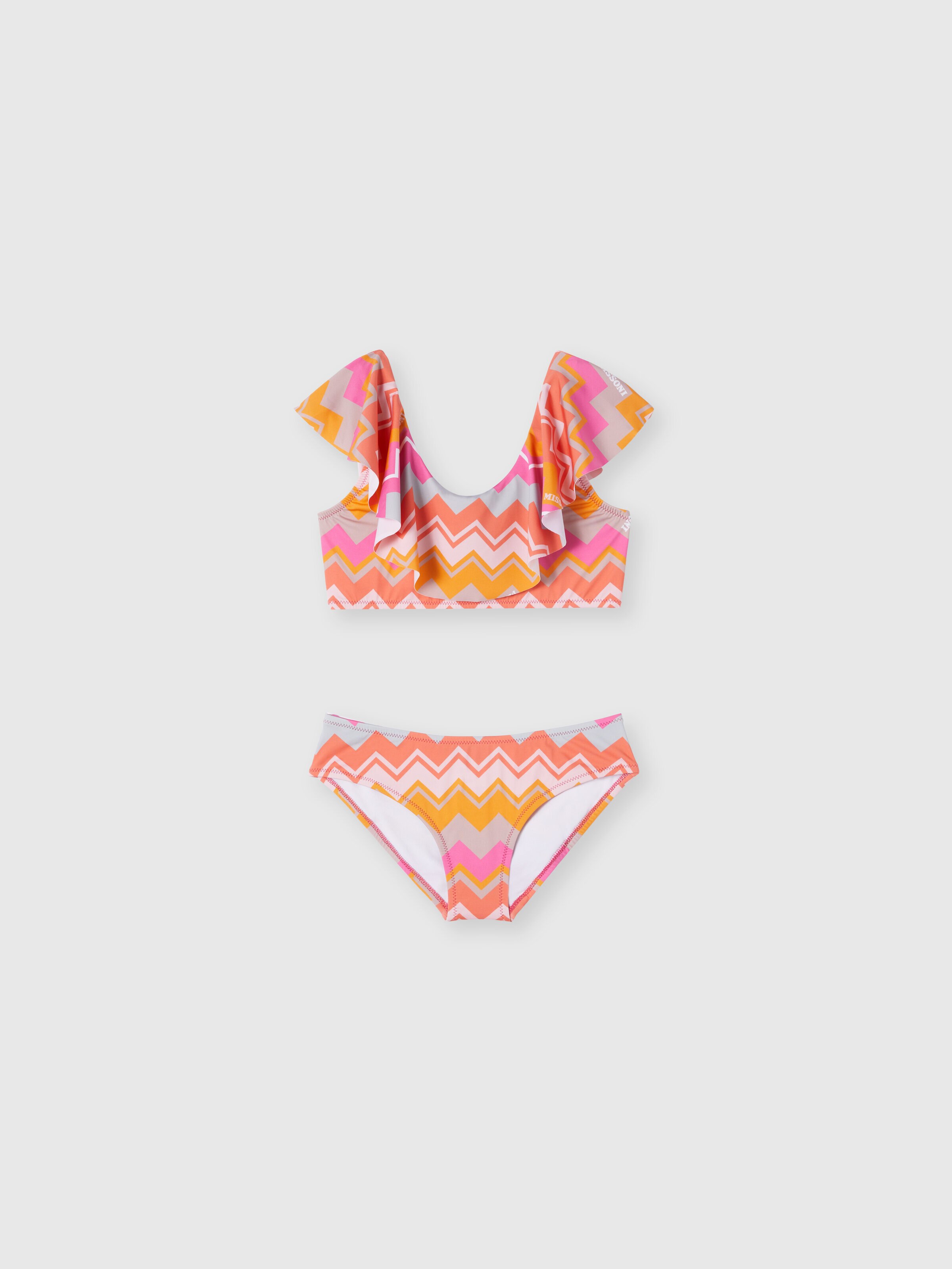 Zig zag print bikini swimsuit with logo, Fuchsia & Red - 0