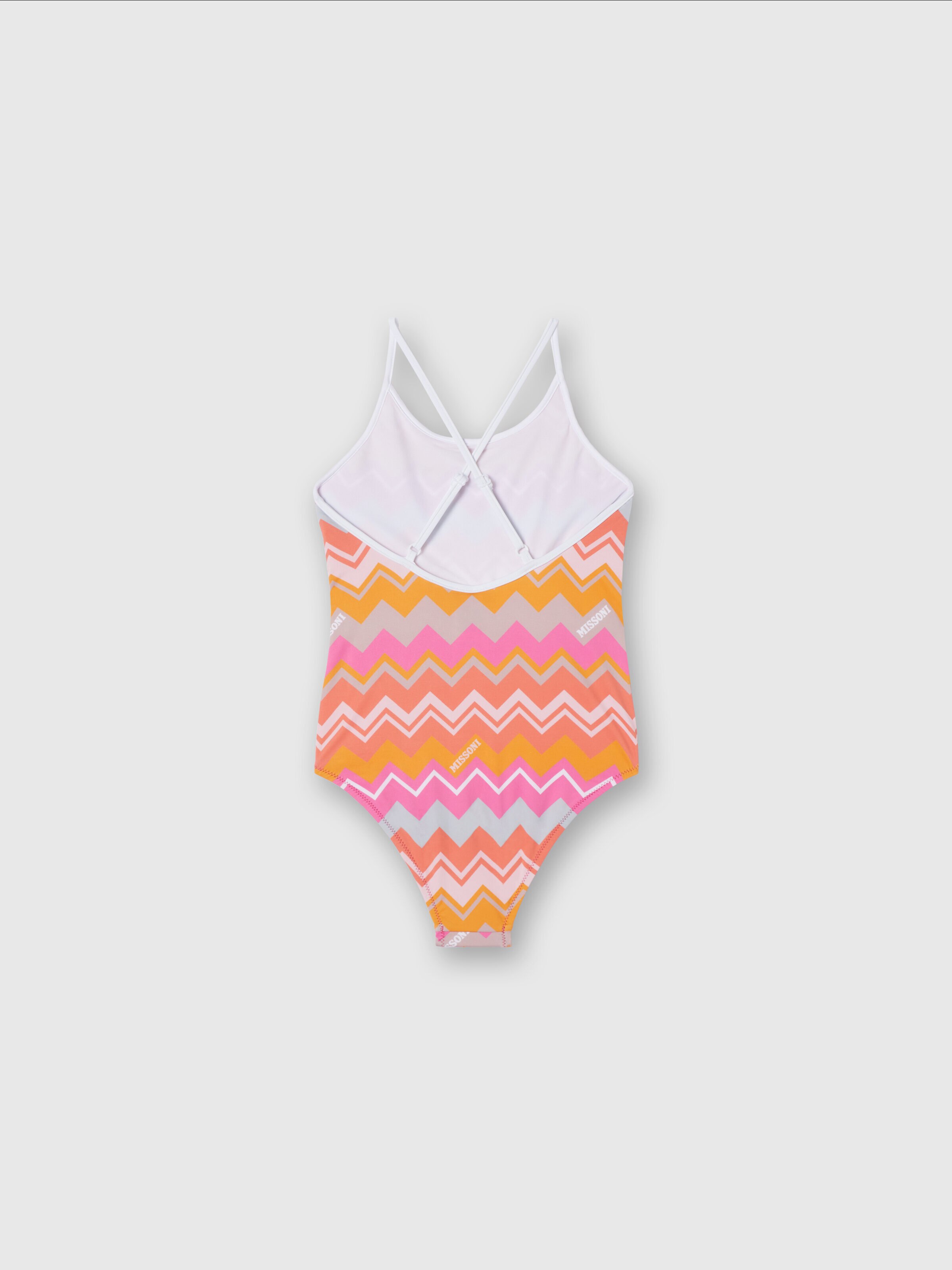 Zig zag print one-piece swimsuit with logo, Fuchsia & Red - 1
