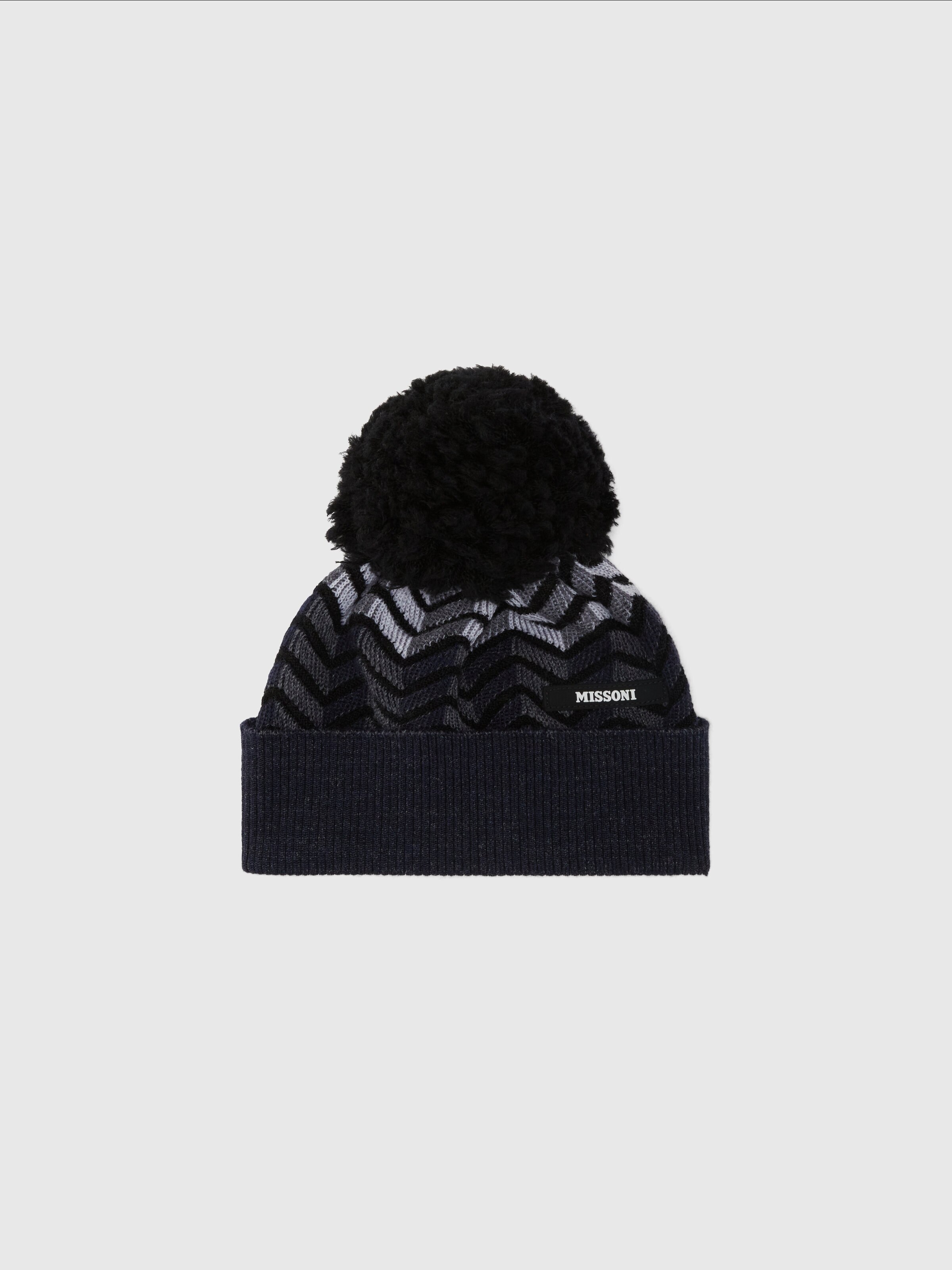 Zig zag virgin wool hat with logo and pom pom, Black & Grey - 0