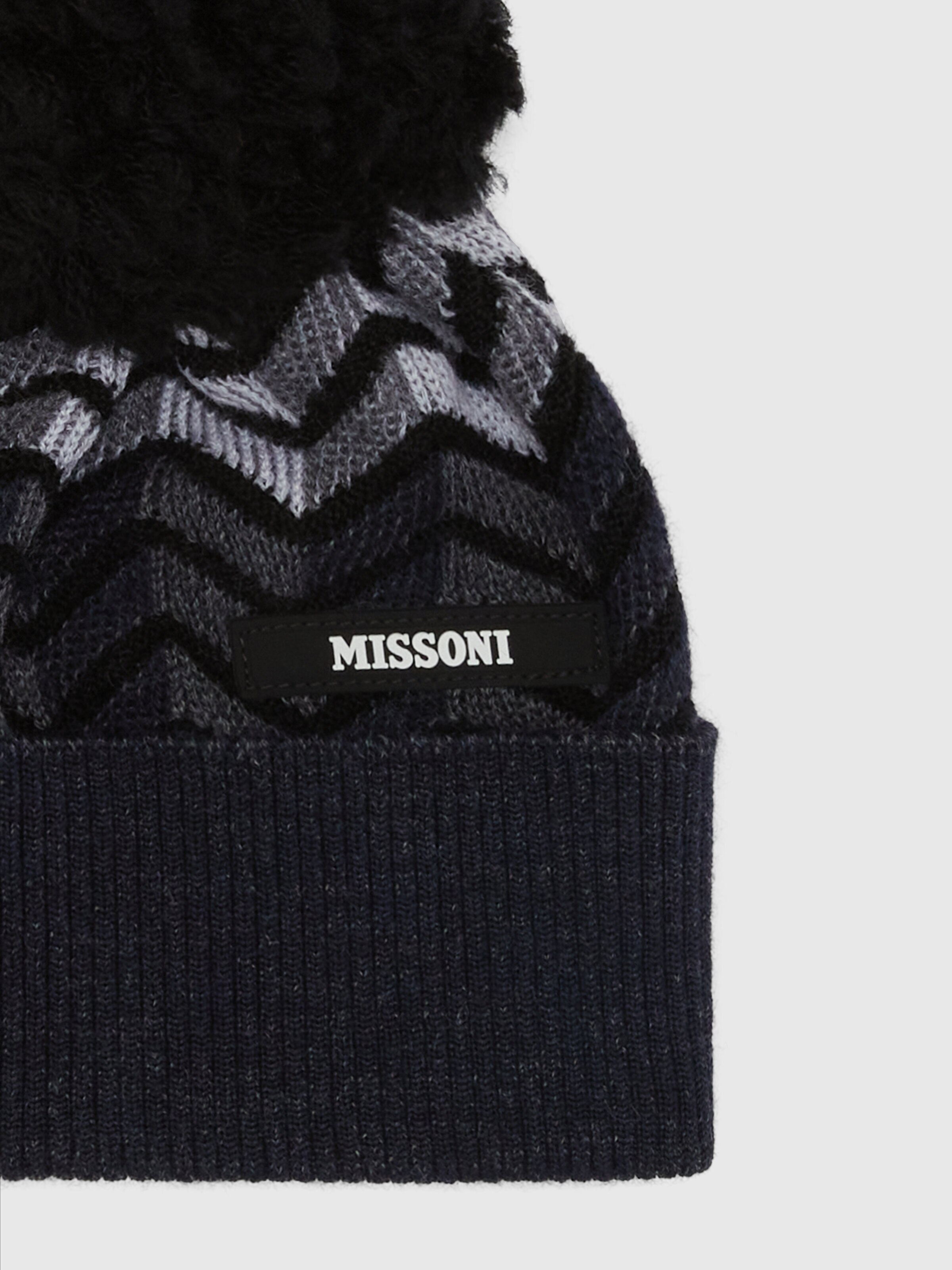 Zig zag virgin wool hat with logo and pom pom, Black & Grey - 2