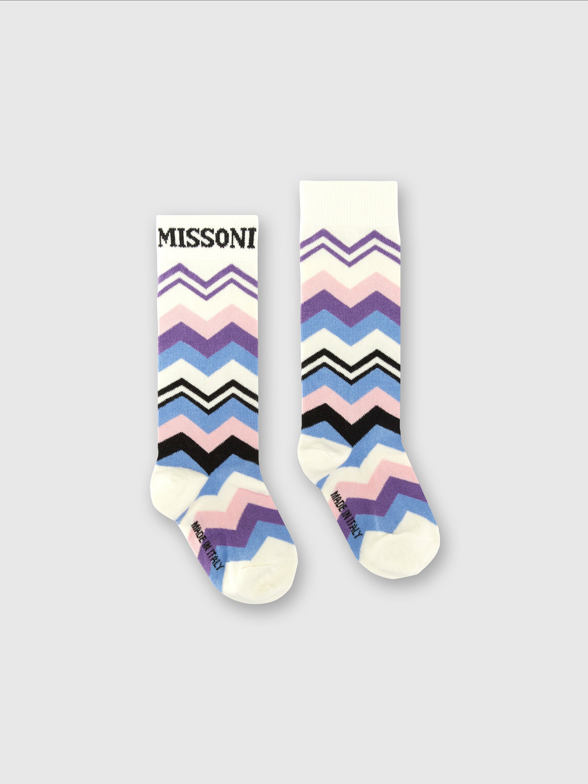 Long socks in zig zag cotton blend with logo, Beige & Multicoloured  - 0