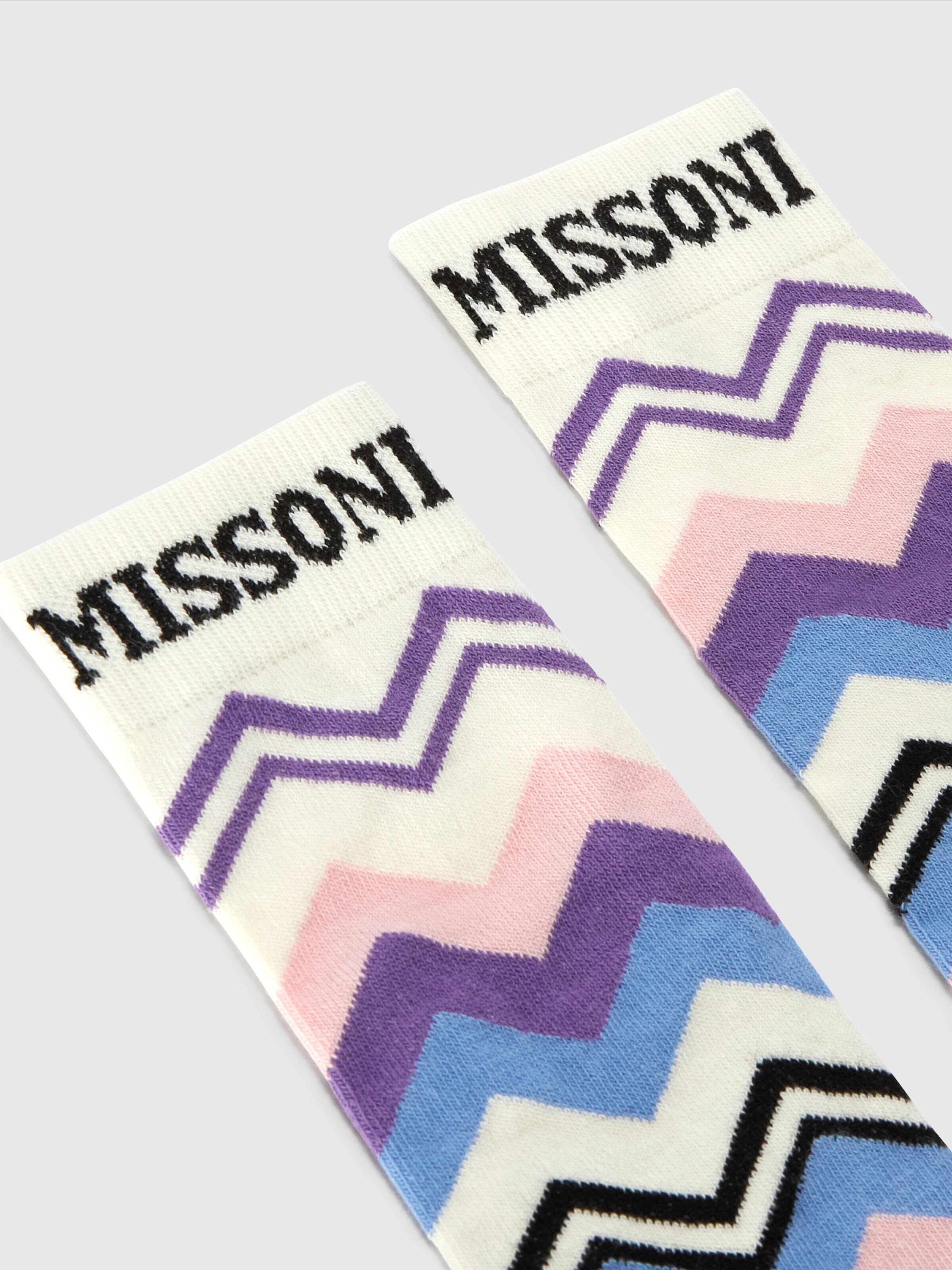 Long socks in zig zag cotton blend with logo, Beige & Multicoloured  - 1
