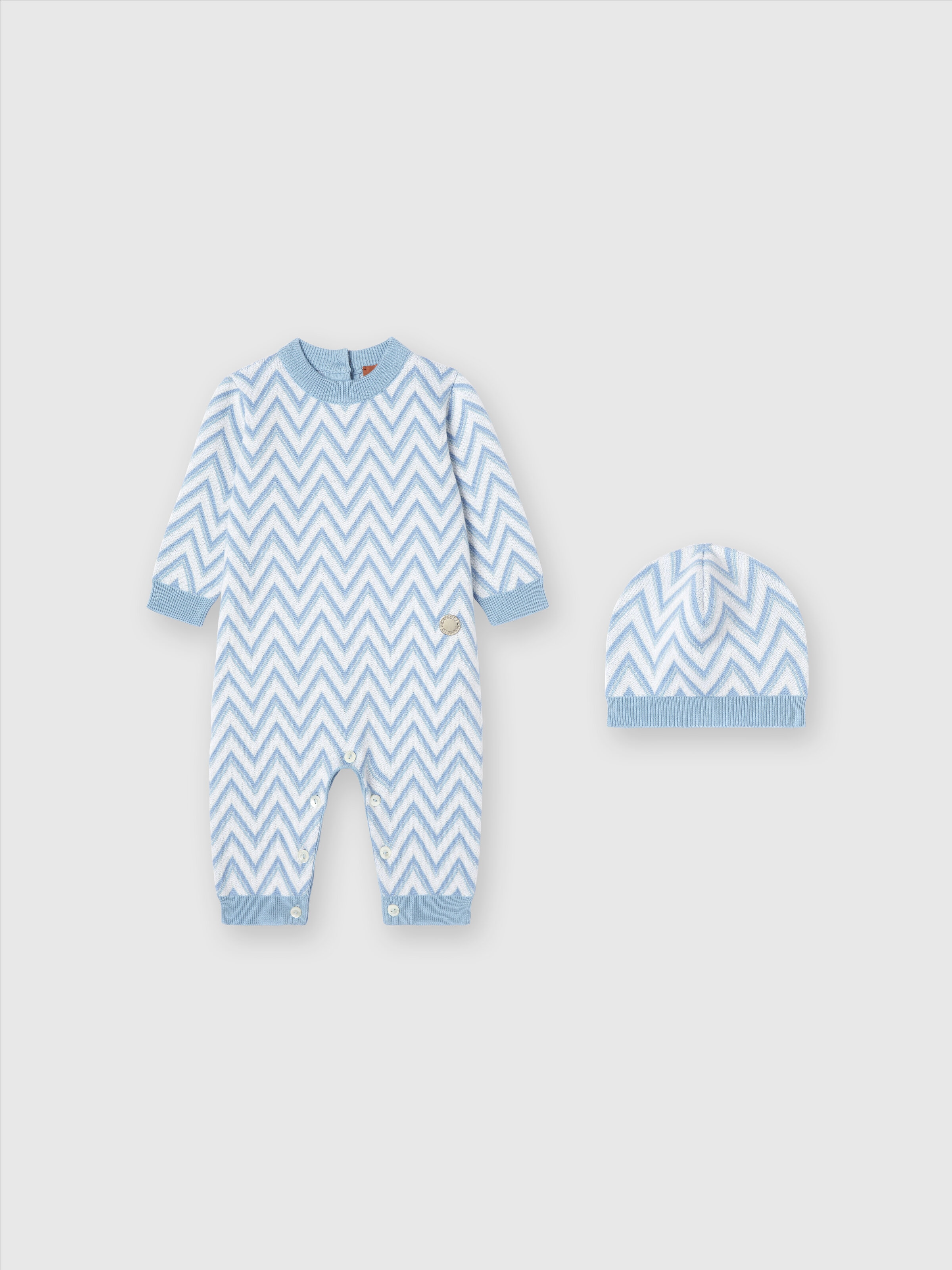 Zig zag cotton and cashmere romper, Light Blue & White - 0