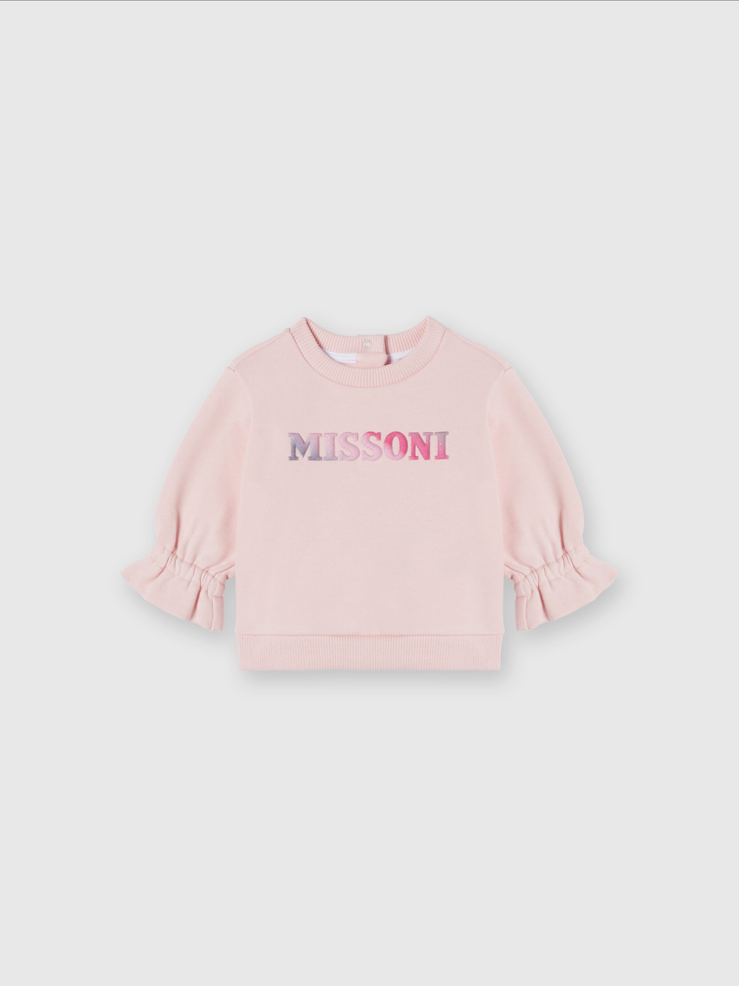 Cotton crewneck sweatshirt with ruffles on the sleeves and logo, Pink   - 0