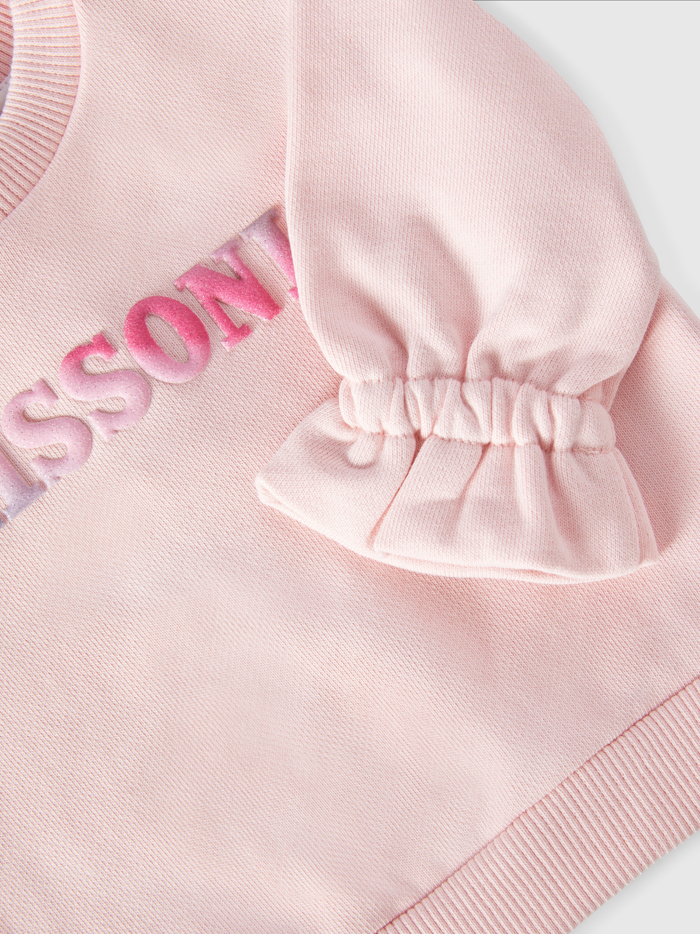 Cotton crewneck sweatshirt with ruffles on the sleeves and logo, Pink   - 3