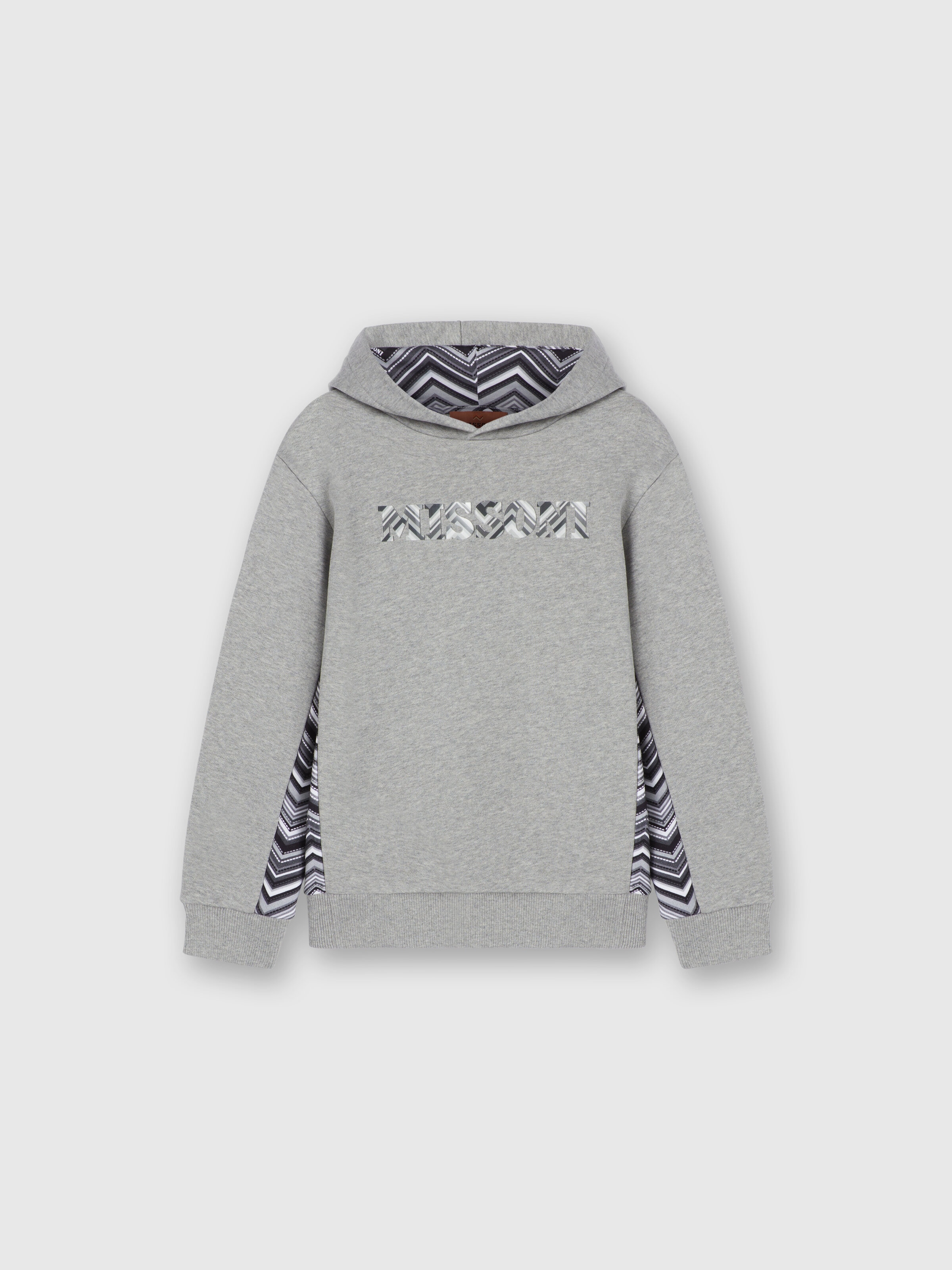 Cotton sweatshirt with hood, zig zag inserts and logo, Grey - 0