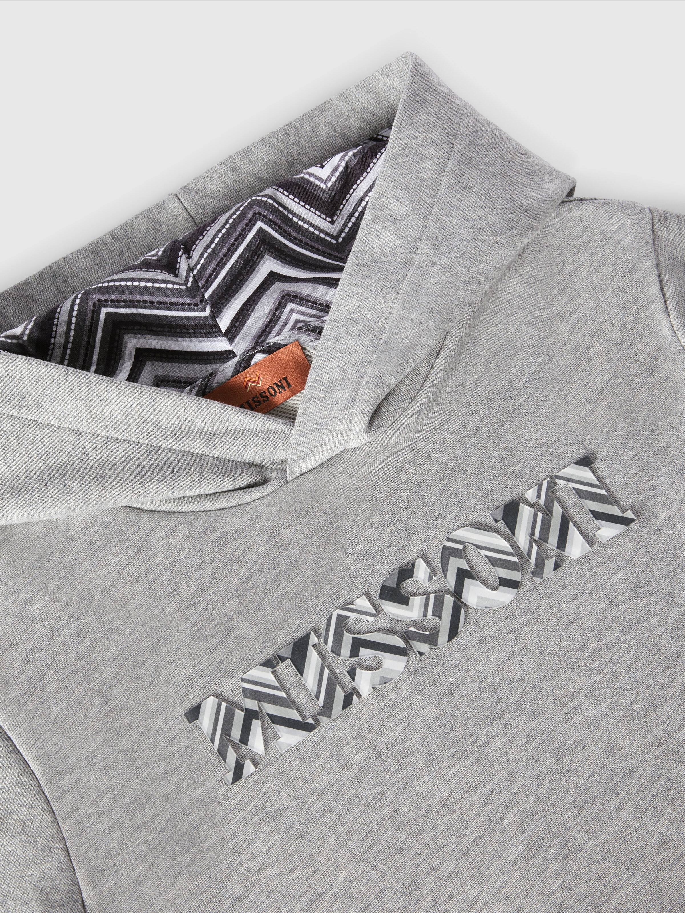 Cotton sweatshirt with hood, zig zag inserts and logo, Grey - 2