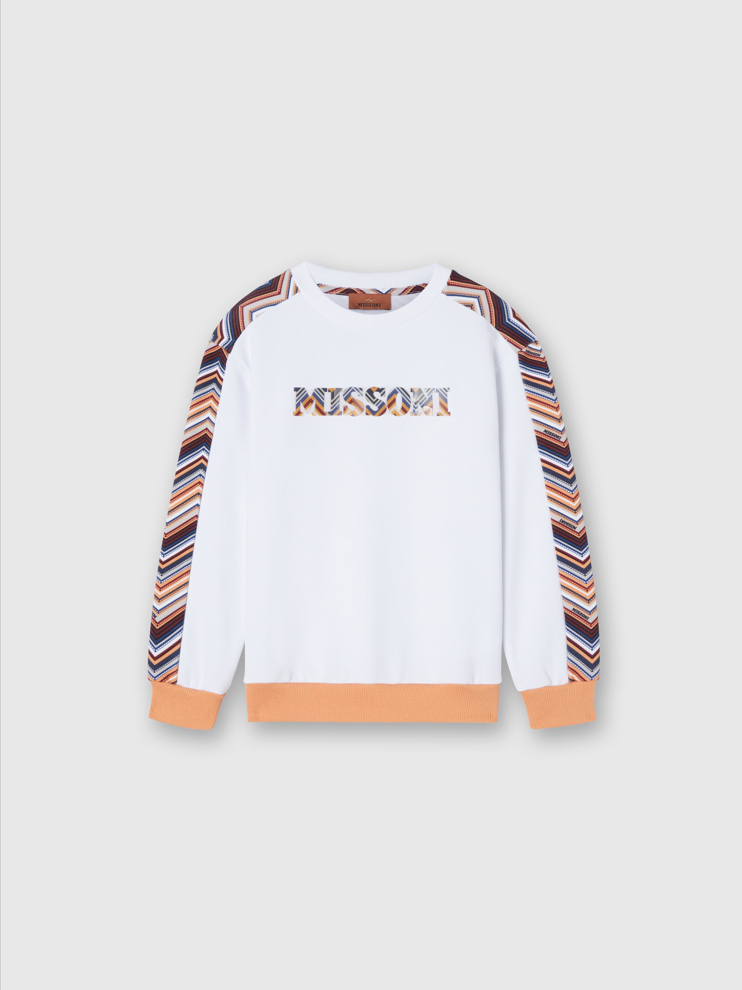 Cotton crewneck sweatshirt with zigzag inserts and logo, White & Multicoloured   - 0