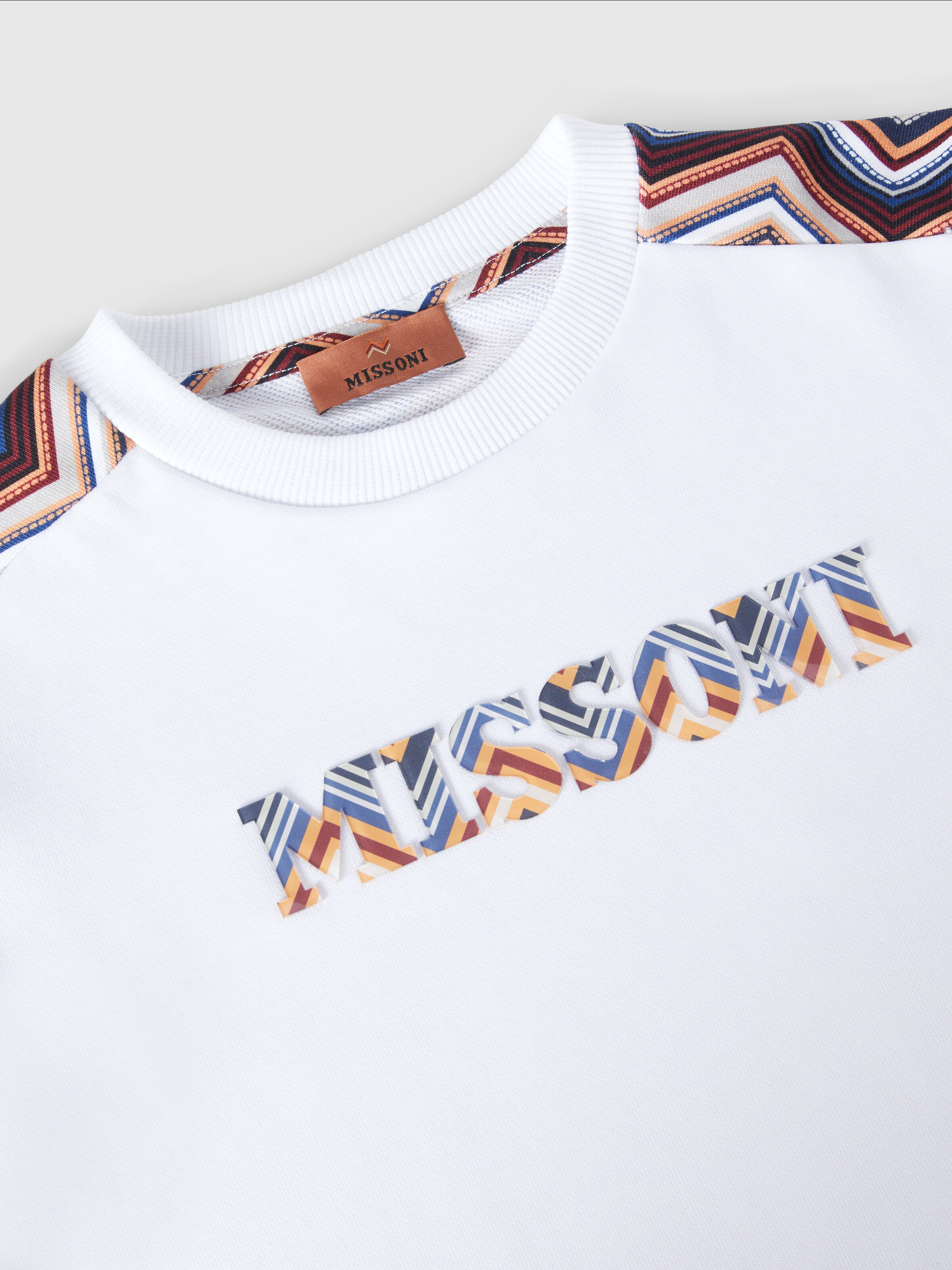 Cotton crewneck sweatshirt with zigzag inserts and logo, White & Multicoloured   - 2