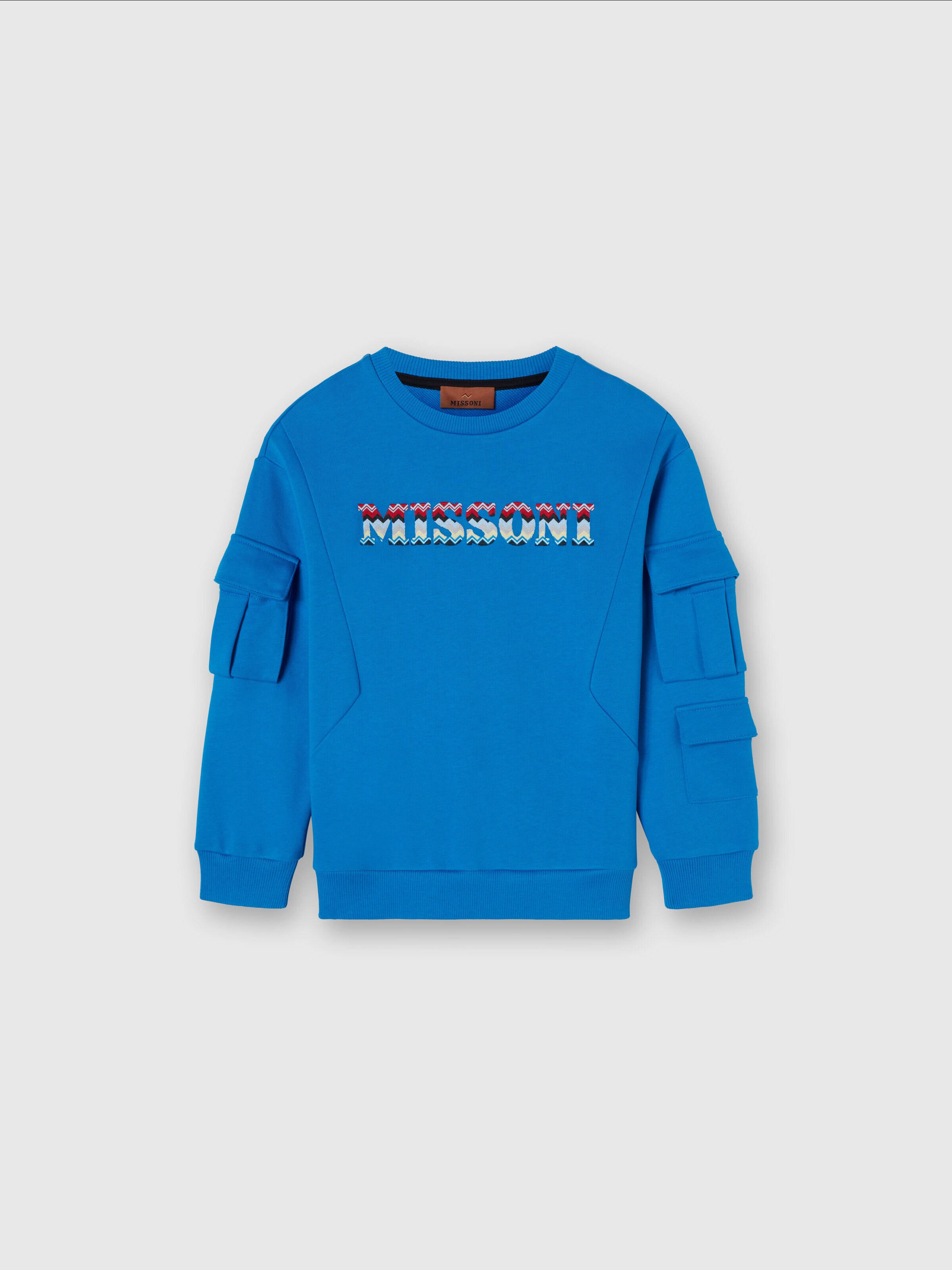 Cotton crewneck sweatshirt with patch pockets and embroidered logo, Sky Blue - 0