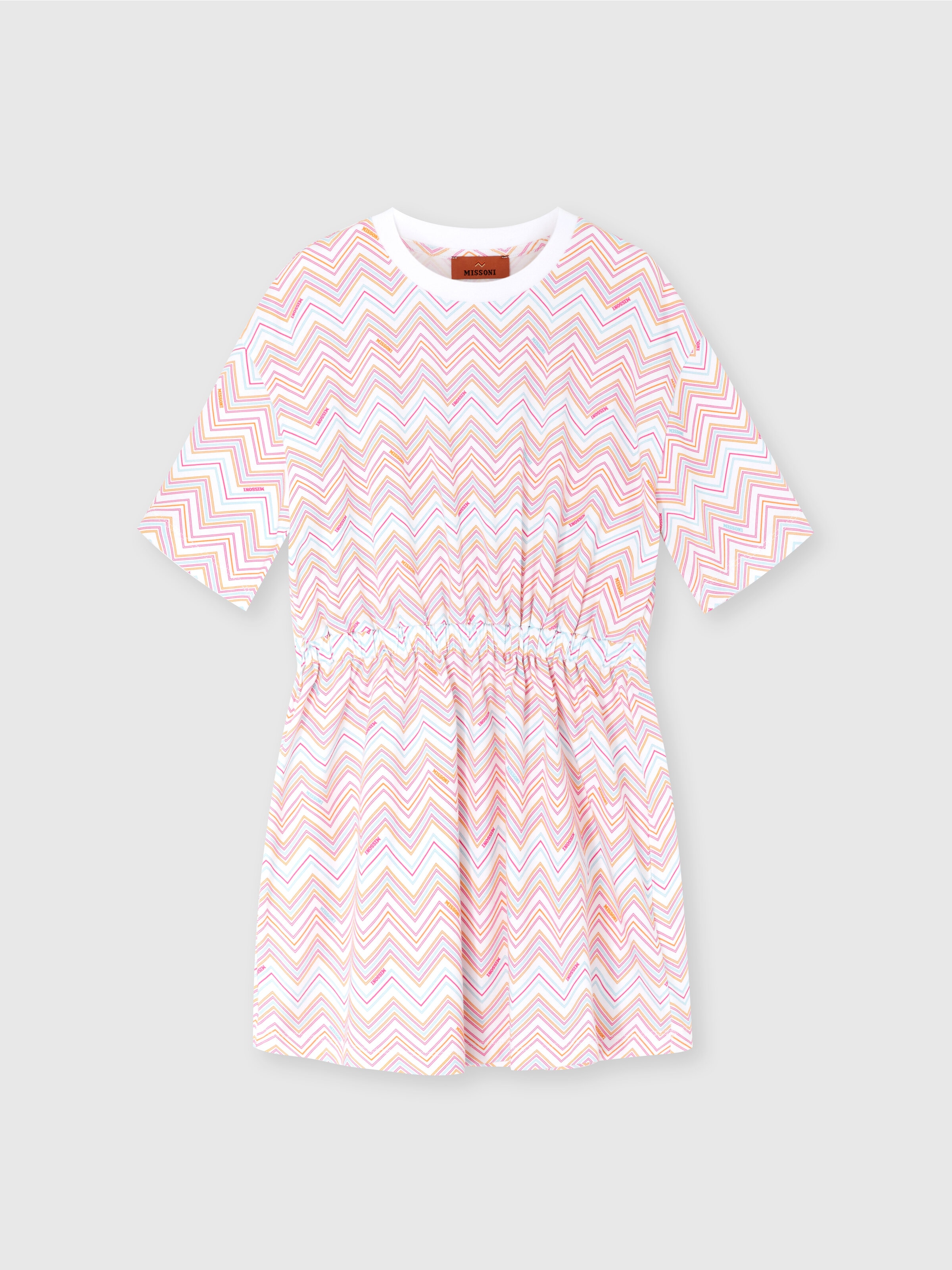Vestido con estampado zigzag y cintura elástica, Blanco Multicolor   - 0