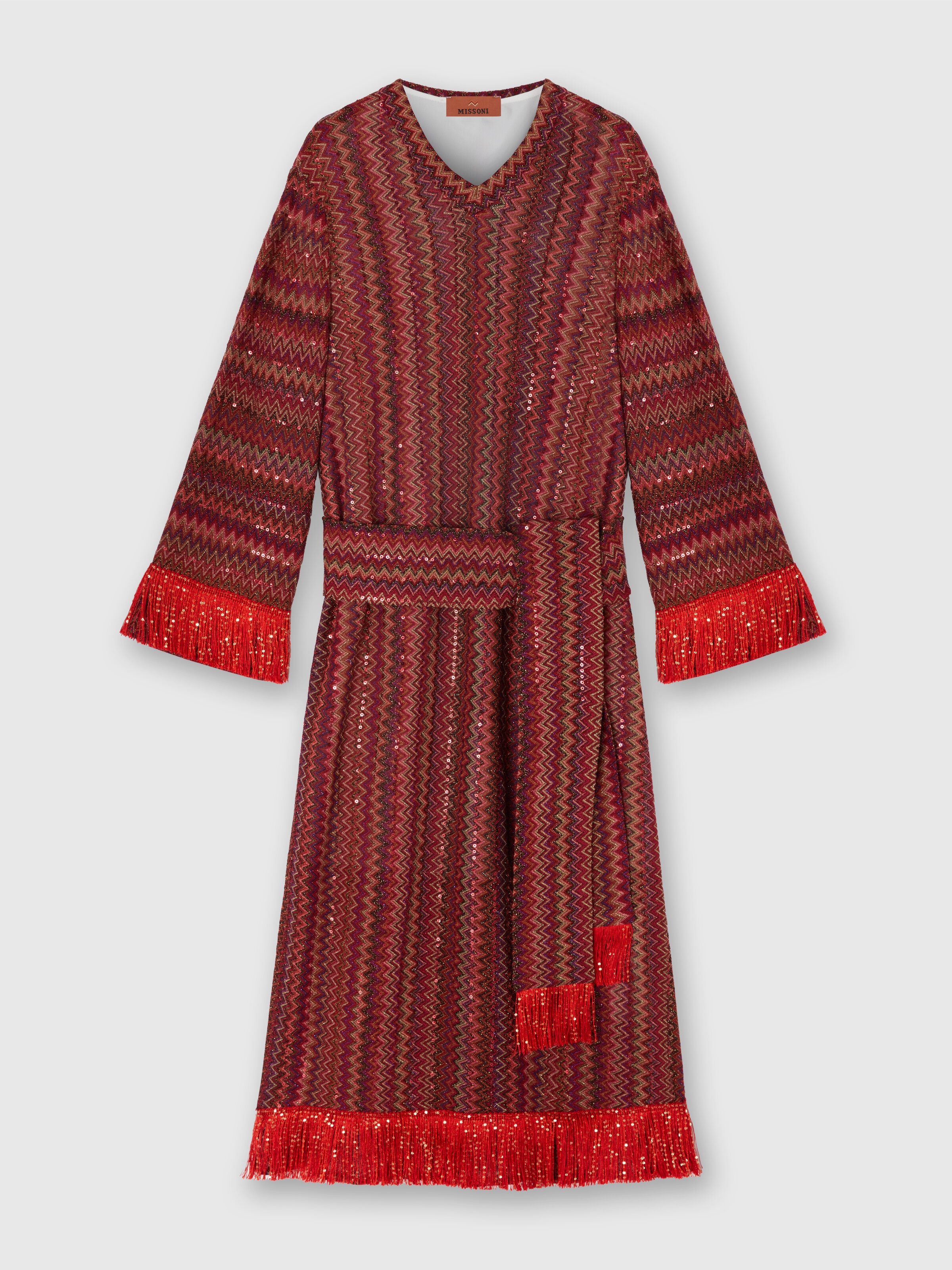 Vestido caftán de viscosa y lamé con motivo chevron y flecos, Multicolor  - 0
