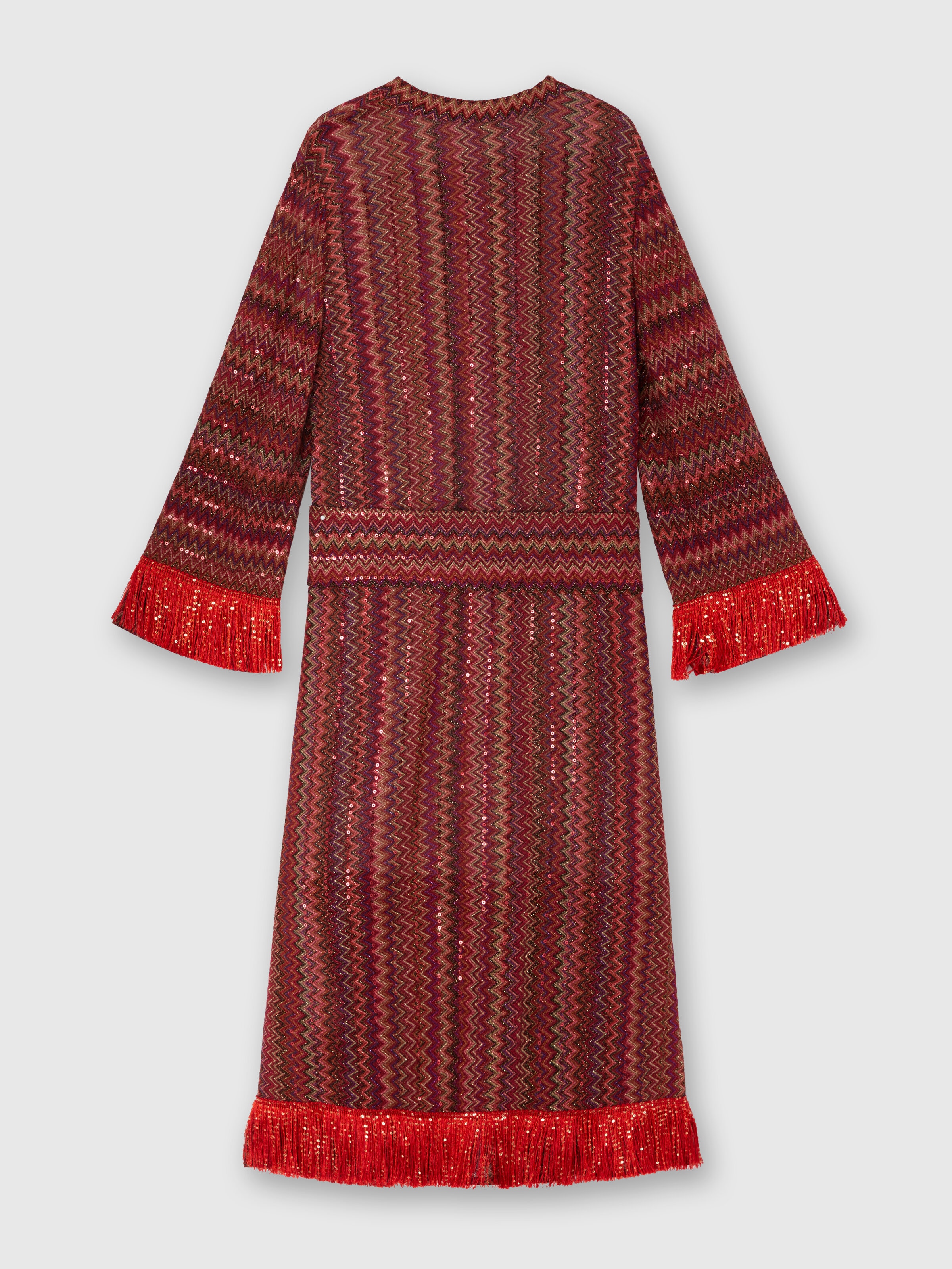 Vestido caftán de viscosa y lamé con motivo chevron y flecos, Multicolor  - 1