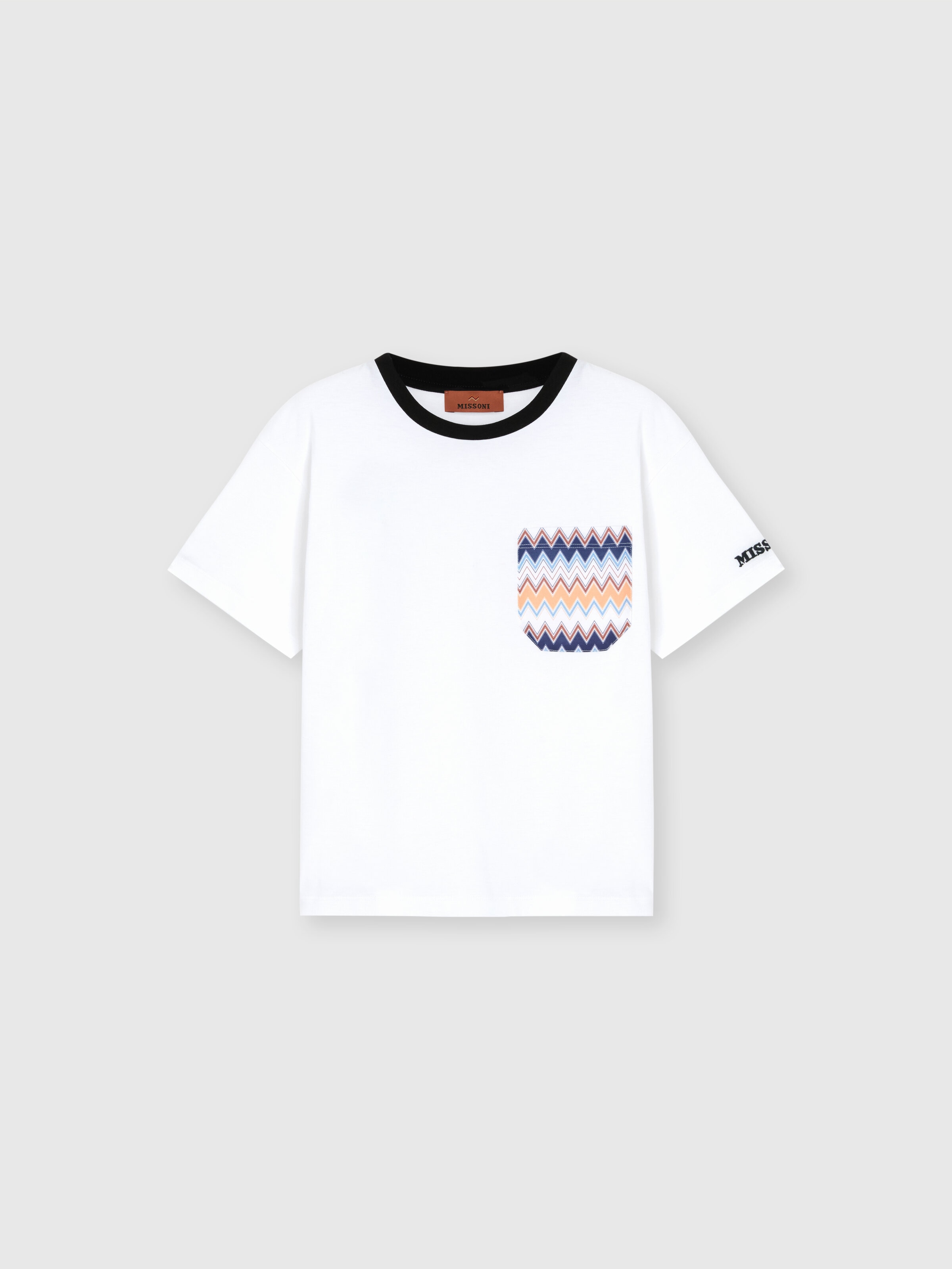 Crew-neck T-shirt with zigzag print on pocket, White  - 0