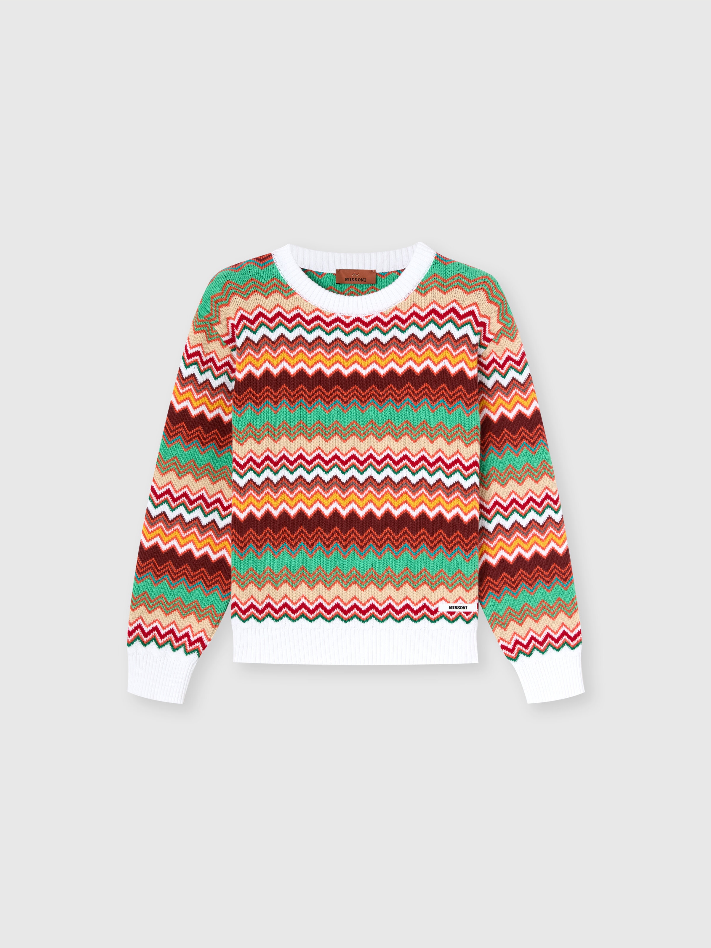 Suéter de cuello redondo con punto en chevron, Multicolor  - 0
