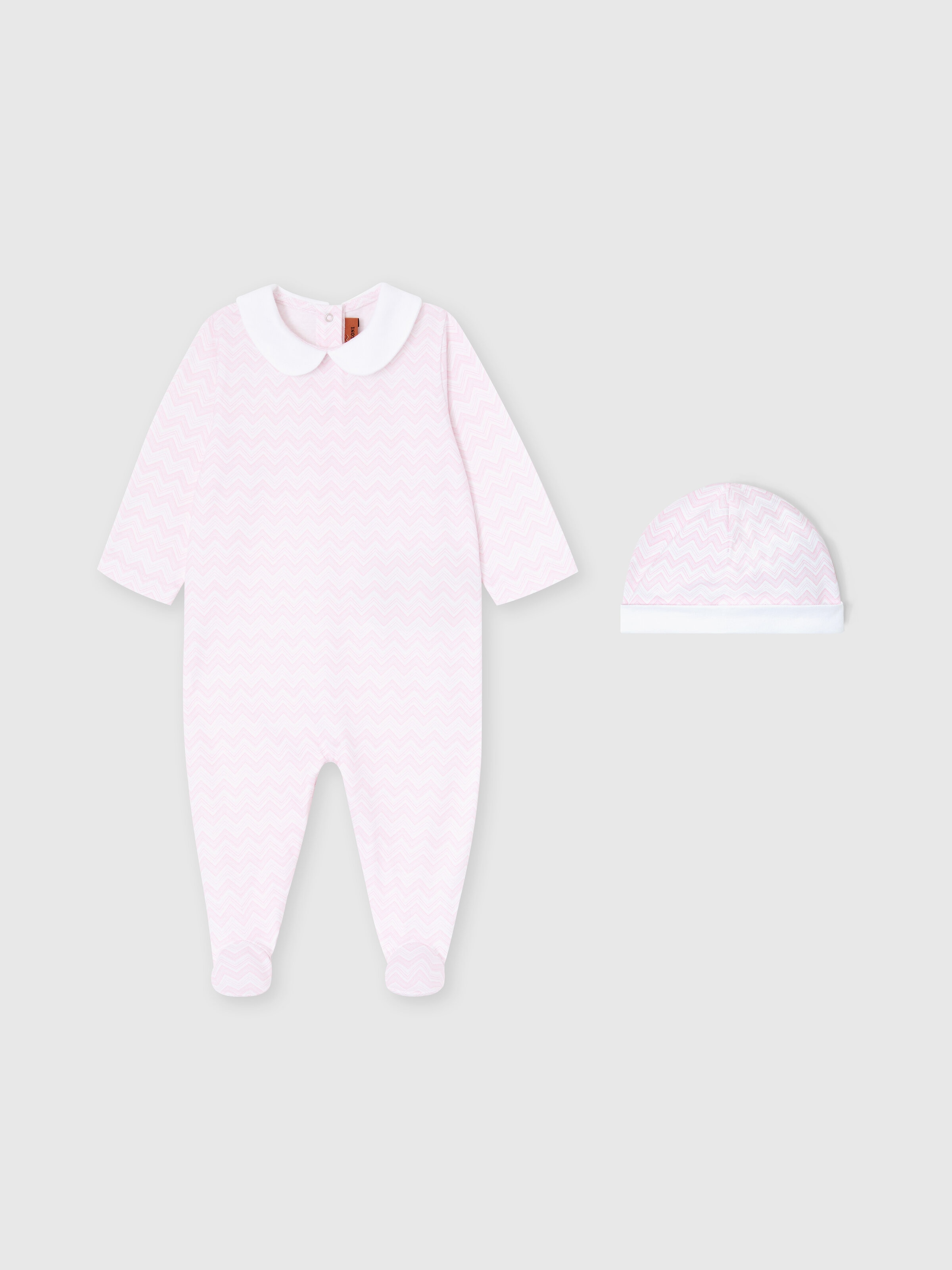 Conjunto de pelele y gorrito para recién nacido en 100 % algodón con estampado en zigzag, Blanco &  Rosa - 0