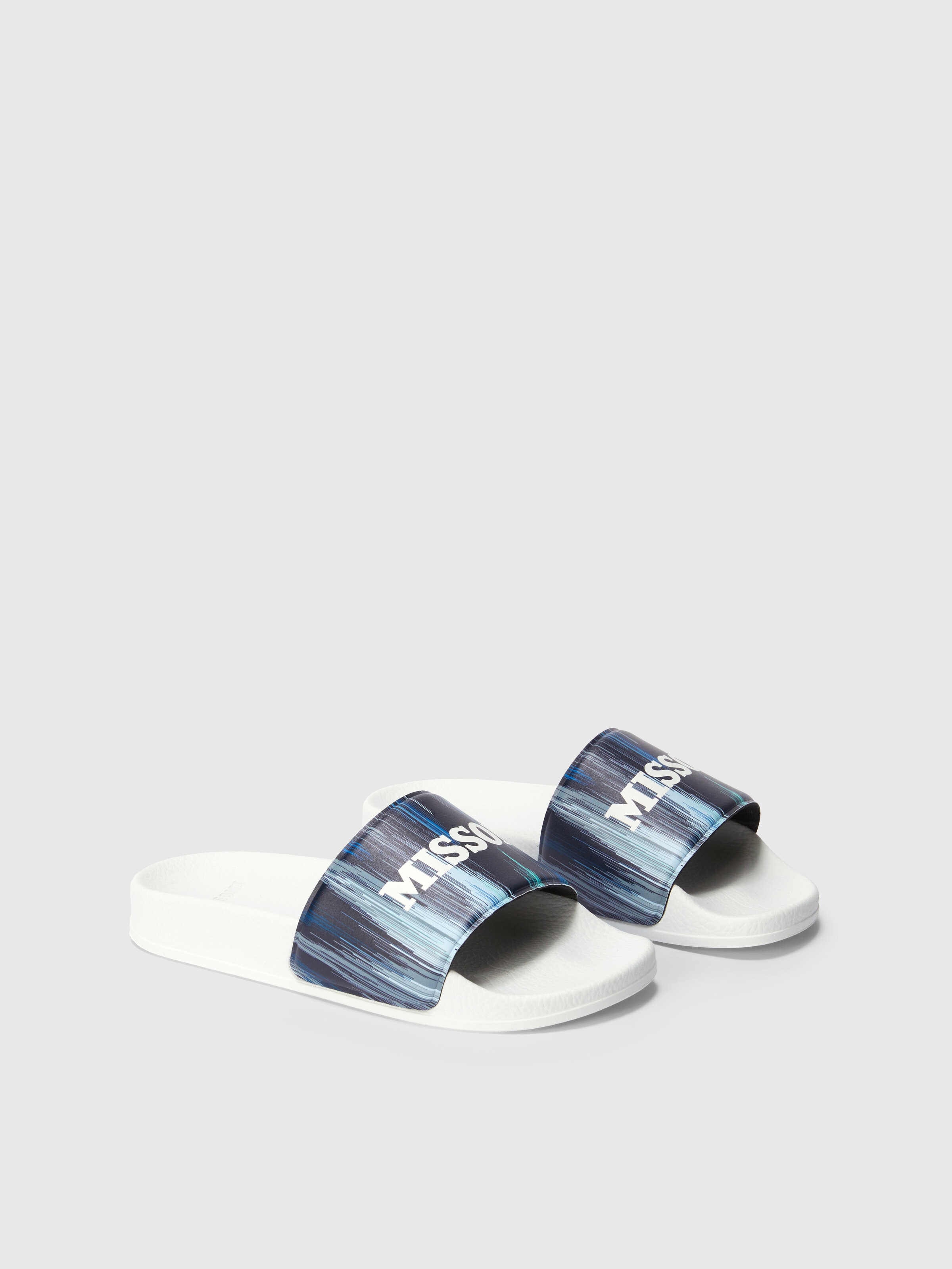 Sandali slip on rigati con logo, Bianco & Blu - 1