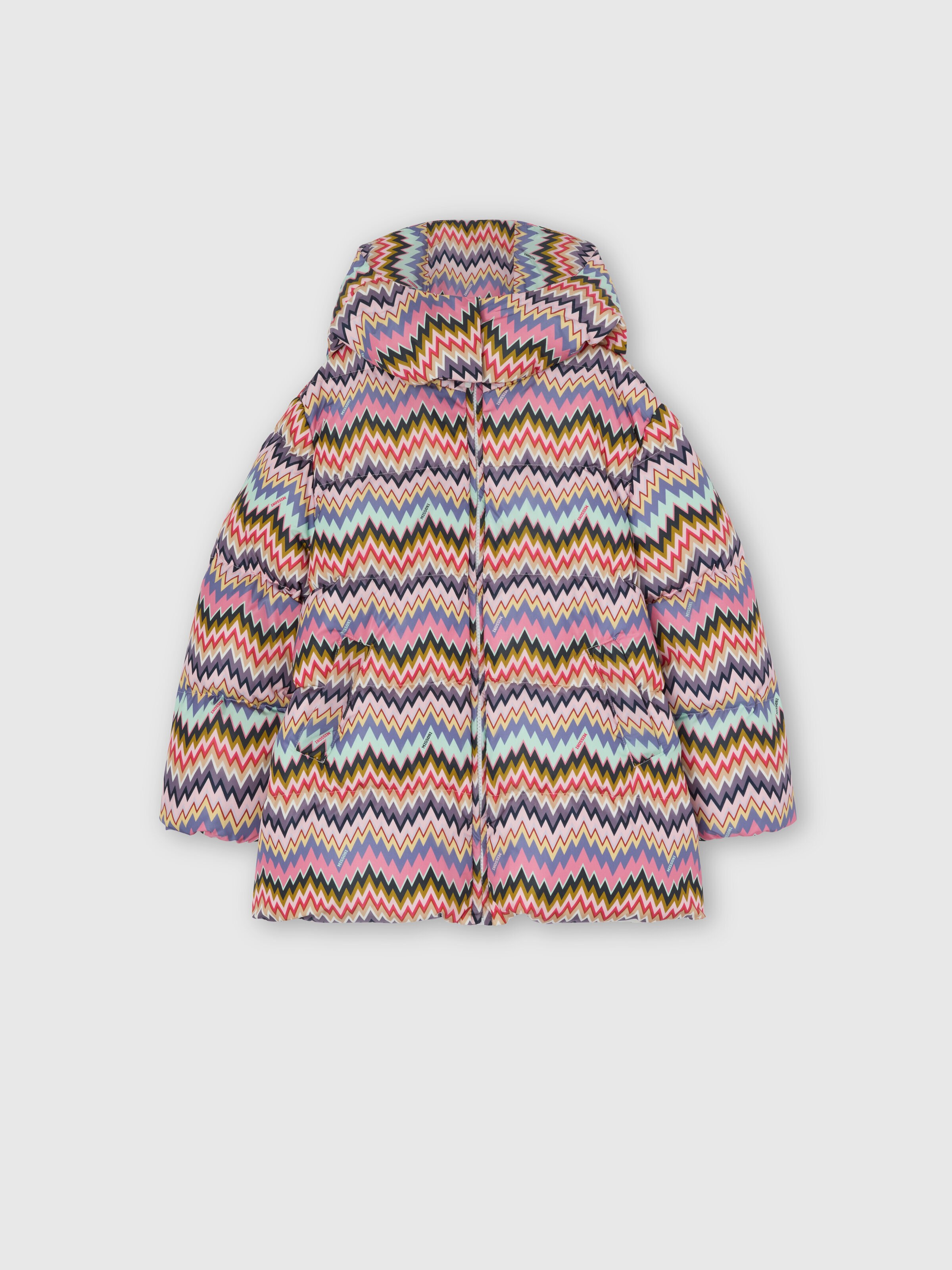 Zigzag-pattern hooded down jacket, Multicoloured  - 0