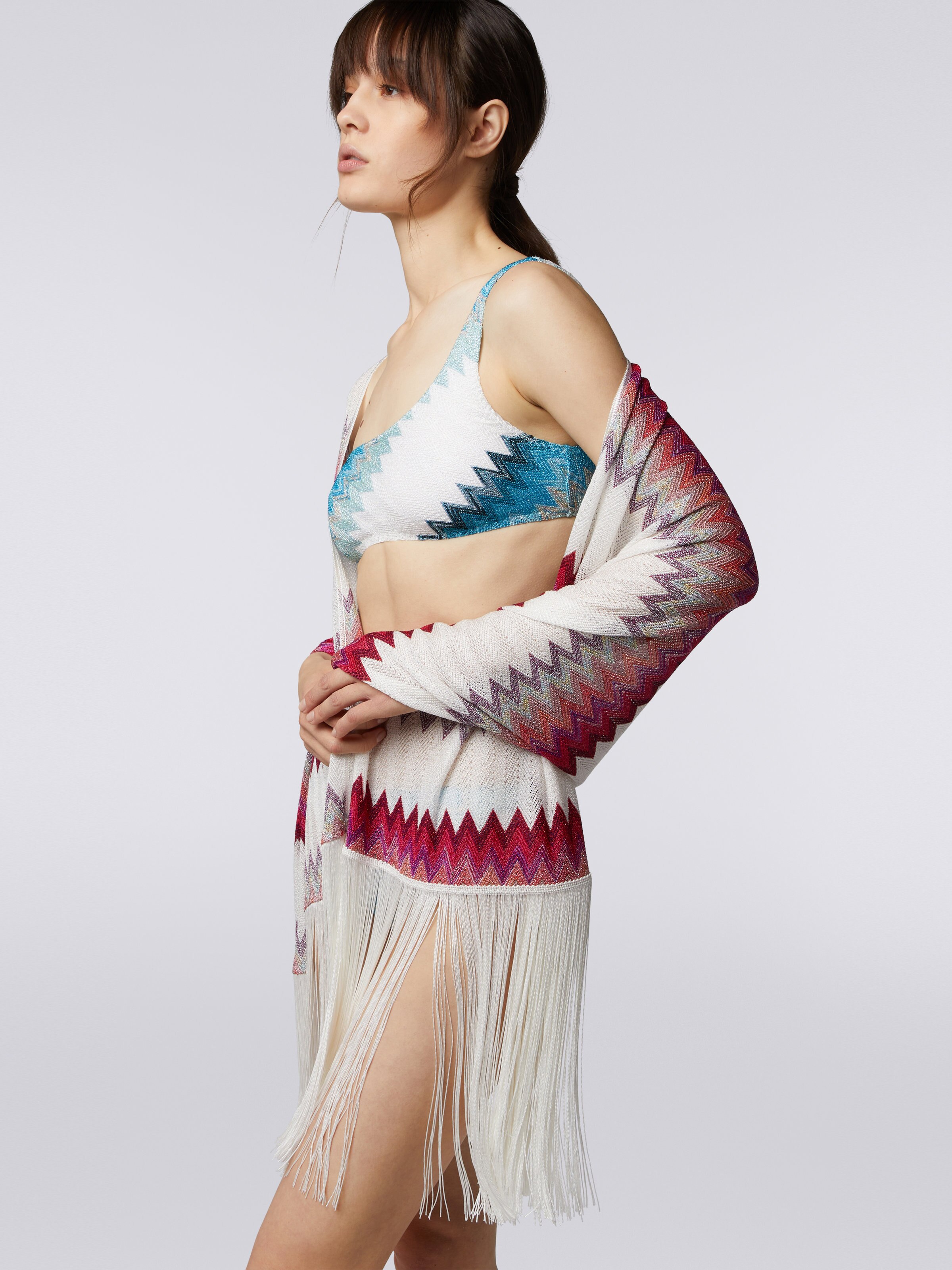 Chevron modal stole with lurex and fringes, Multicoloured  - 2