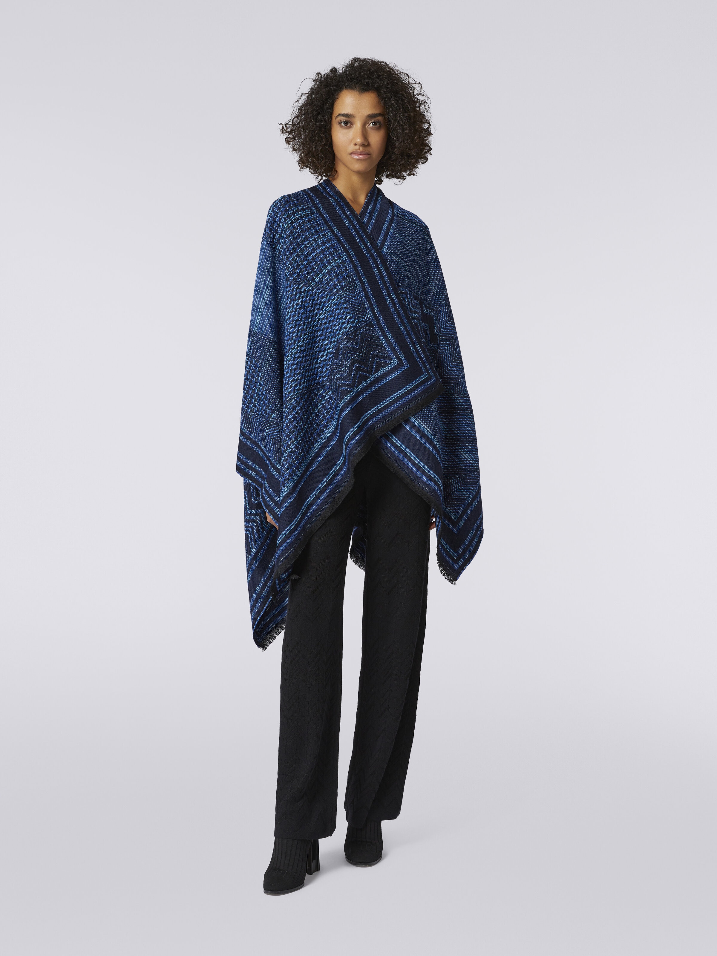 Wool knit cape with multi-worked and frayed edges, Multicoloured  - 1