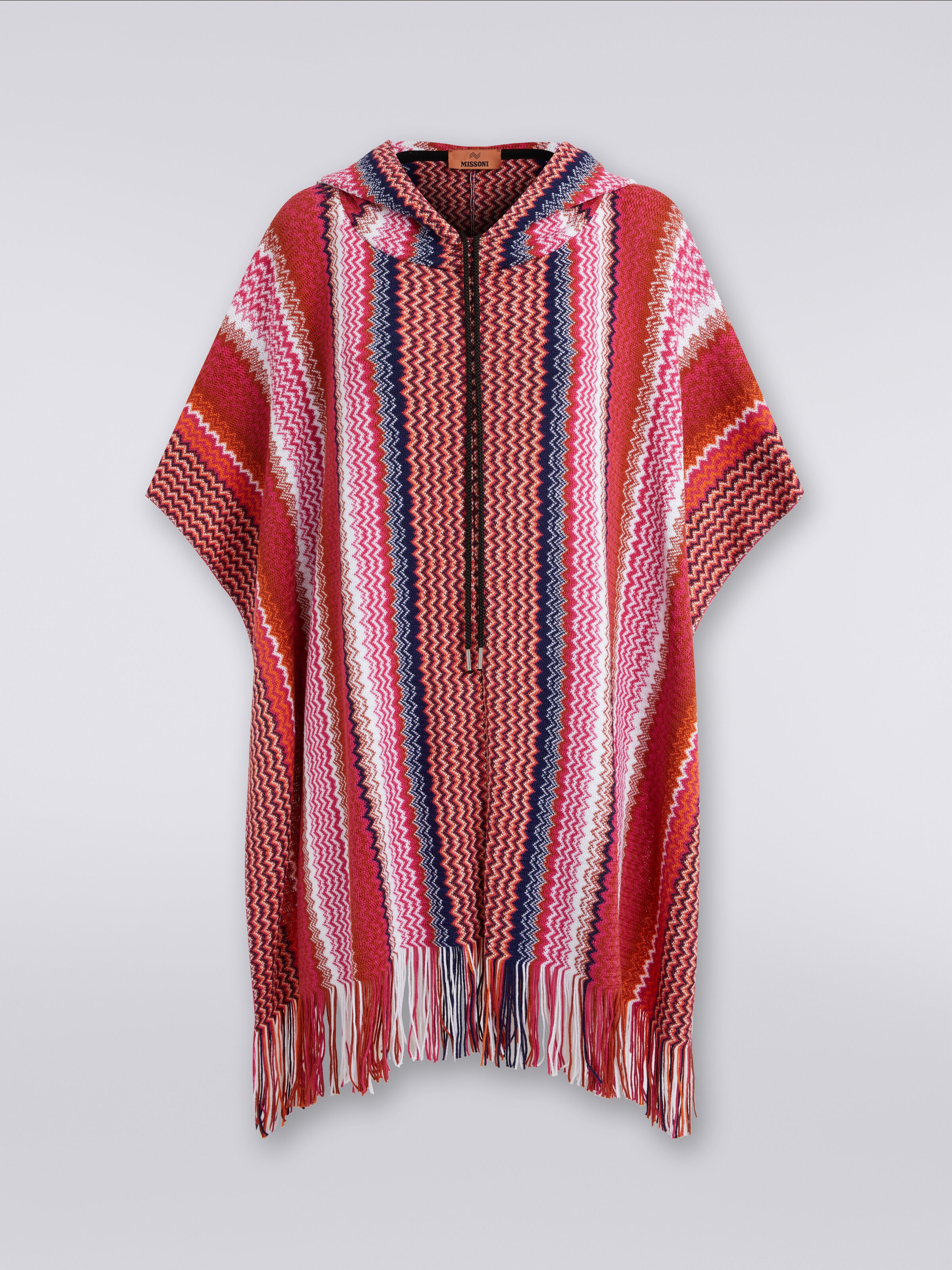 Zigzag wool blend poncho with frayed edge, Multicoloured  - 0