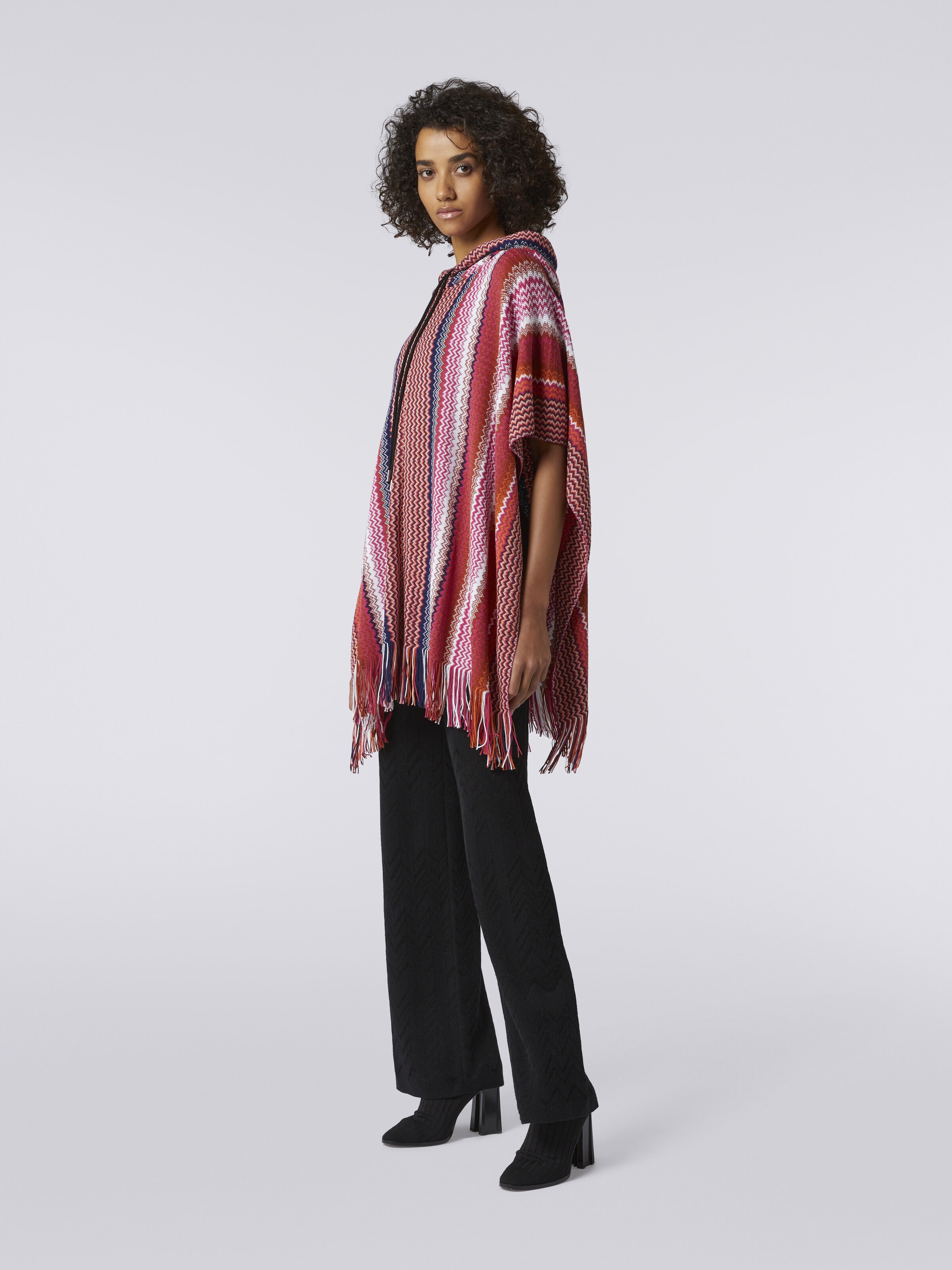 Zigzag wool blend poncho with frayed edge, Multicoloured  - 2
