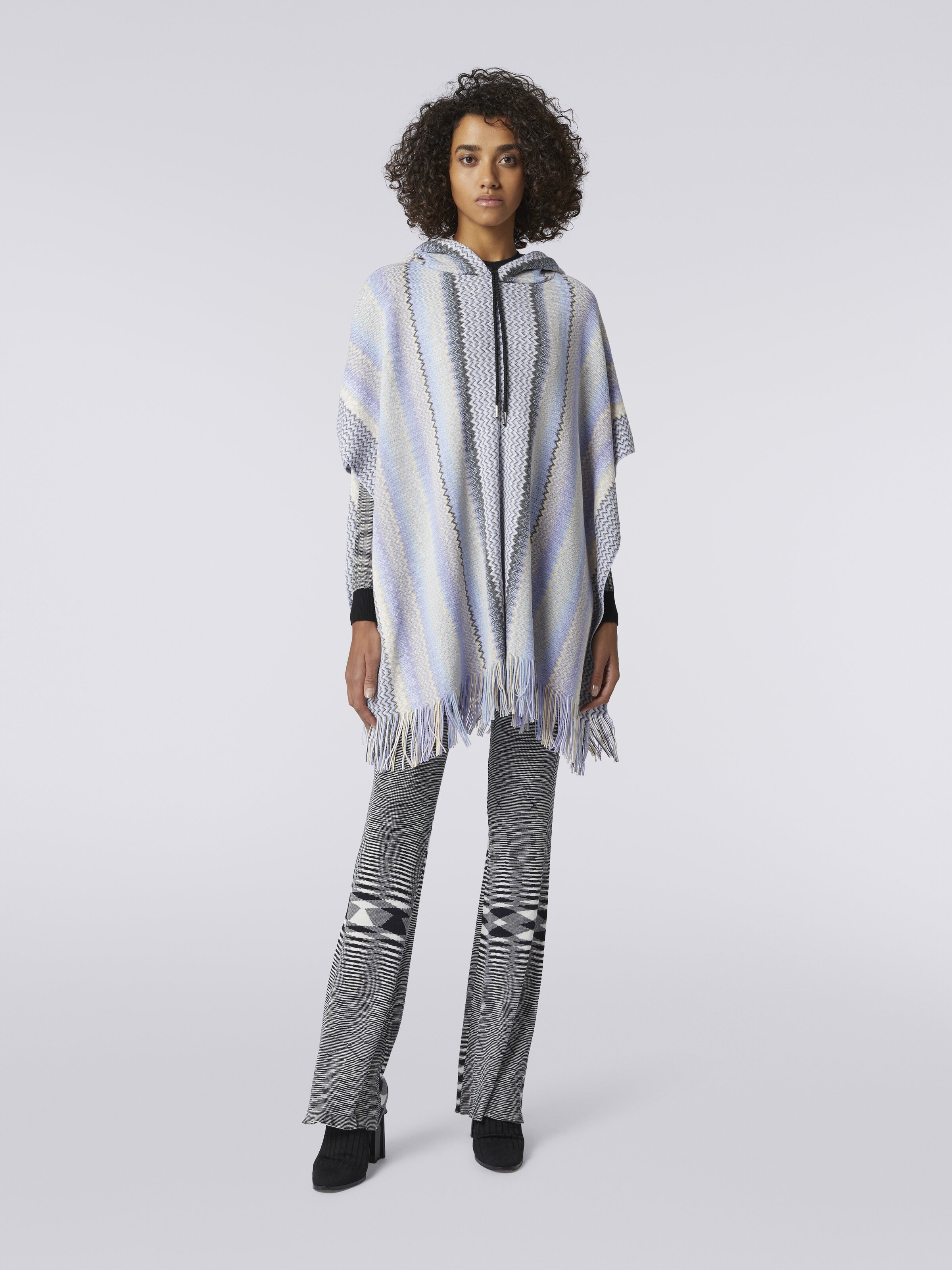 Zigzag wool blend poncho with frayed edge, Multicoloured  - 1