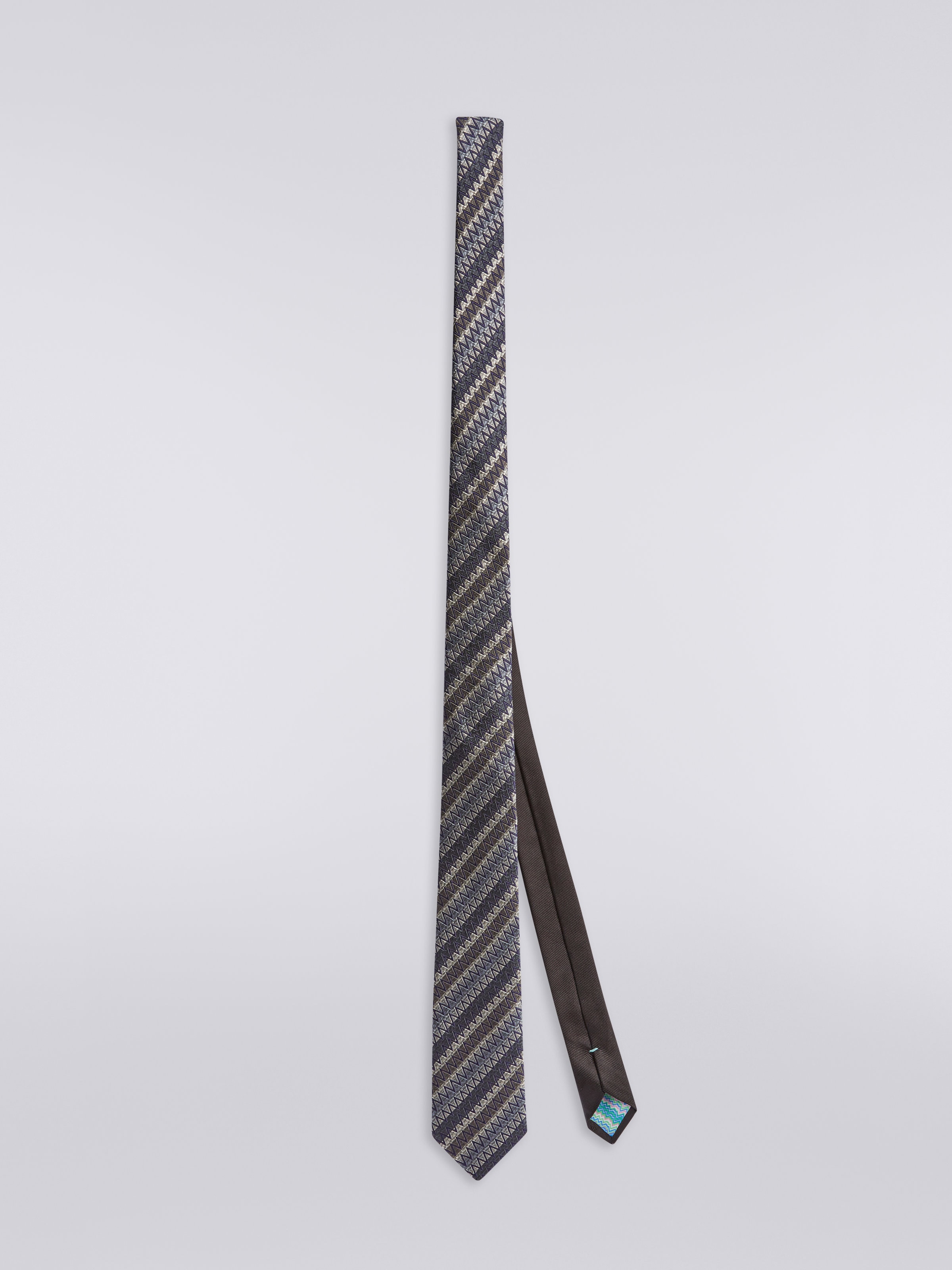 Silk tie with oblique stripes and zigzags, Multicoloured  - 0