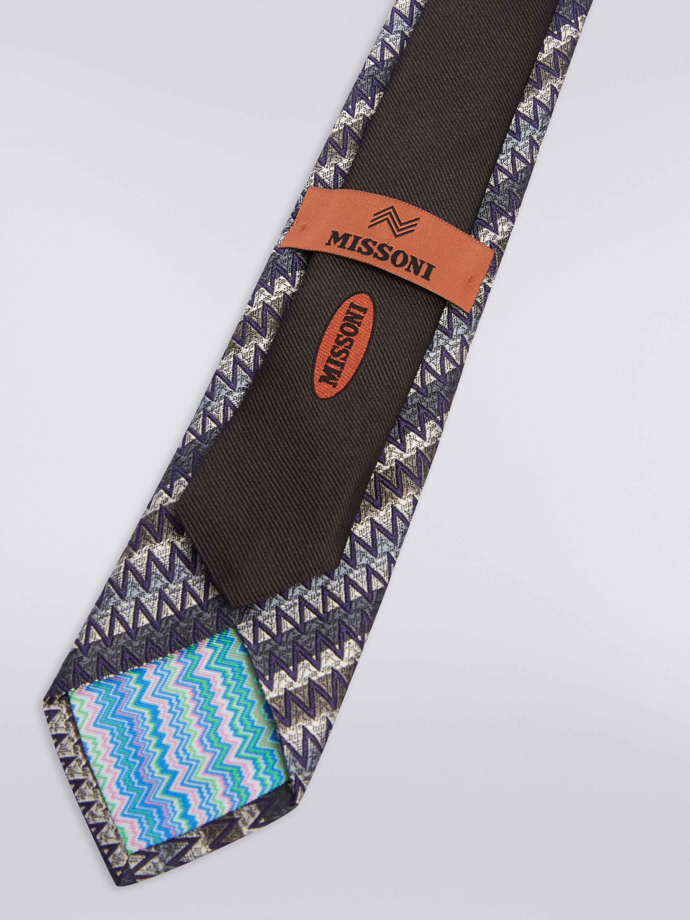 Silk tie with oblique stripes and zigzags, Multicoloured  - 2