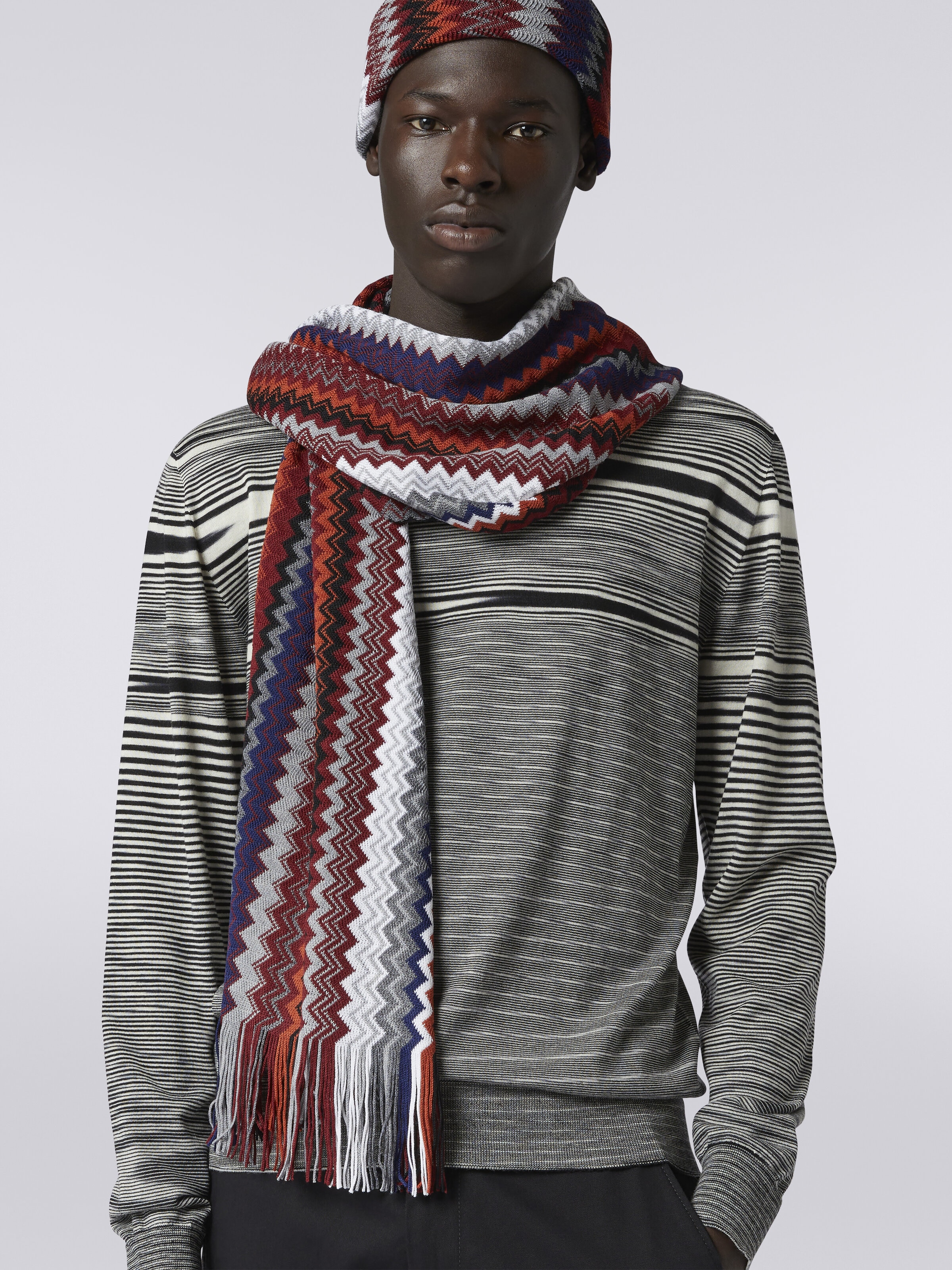 Fringed wool blend zigzag scarf, Multicoloured  - 2