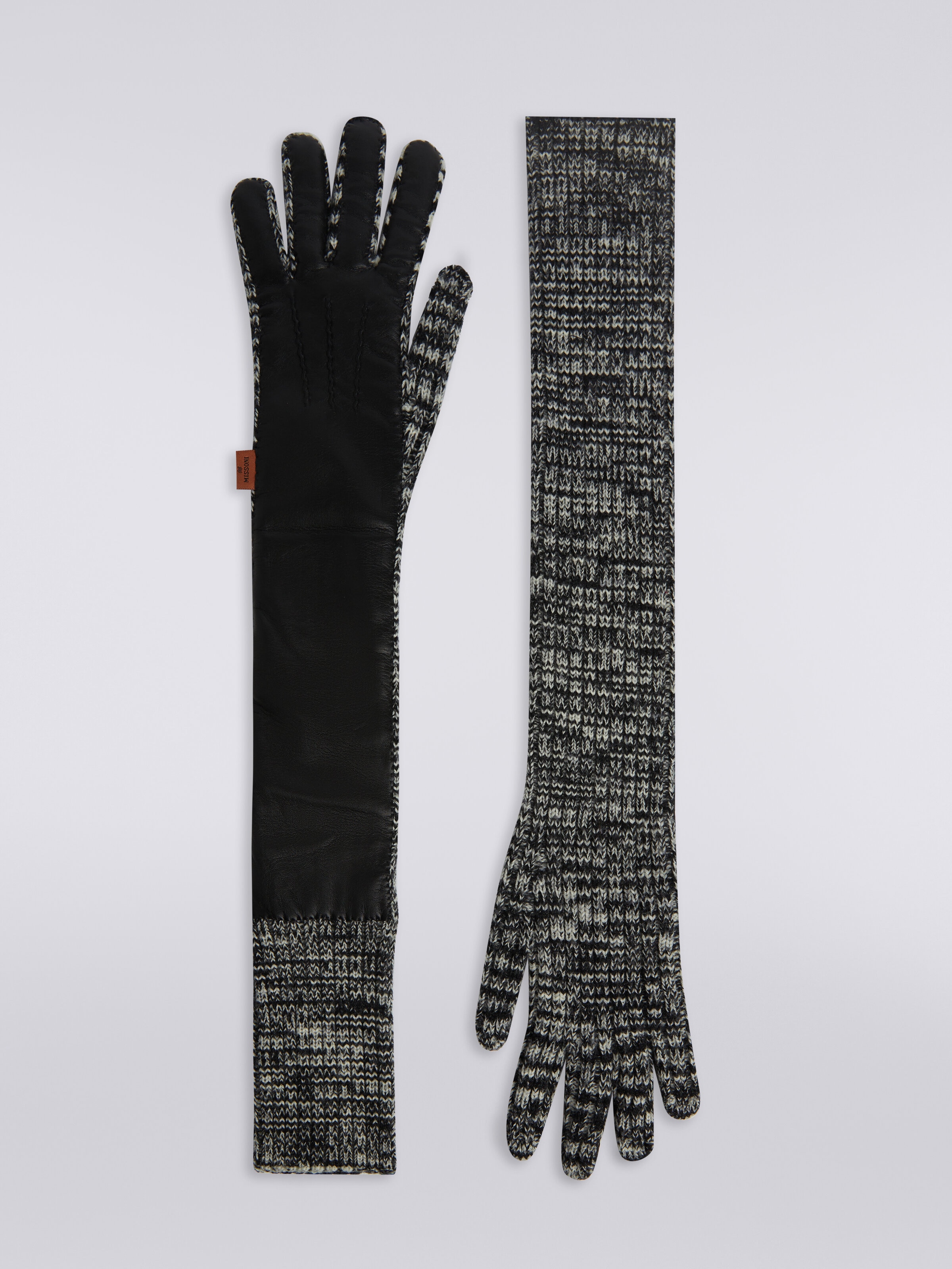 Long leather and slub wool gloves, Multicoloured  - 0