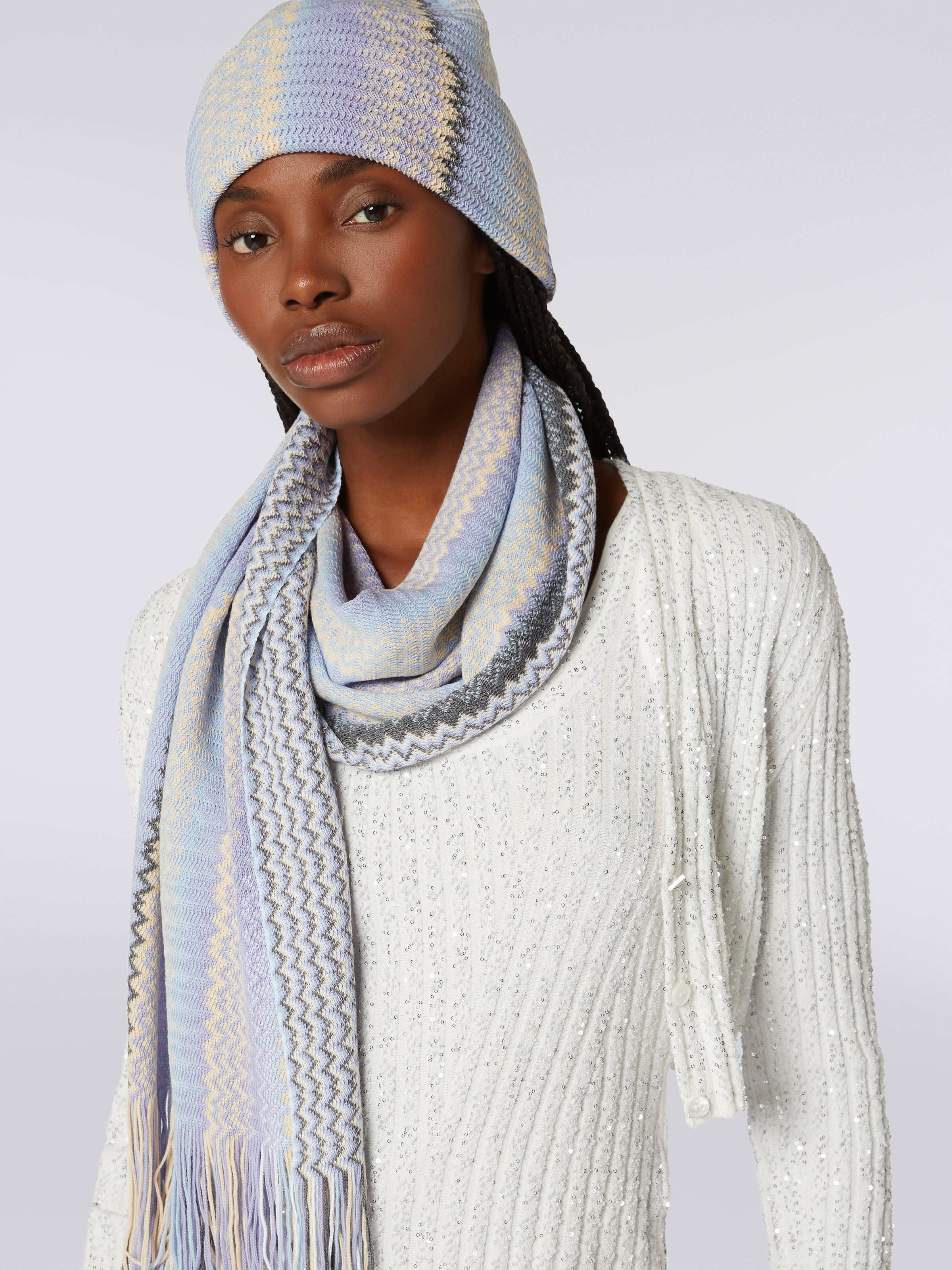 Fringed wool blend zigzag scarf, Multicoloured  - 2