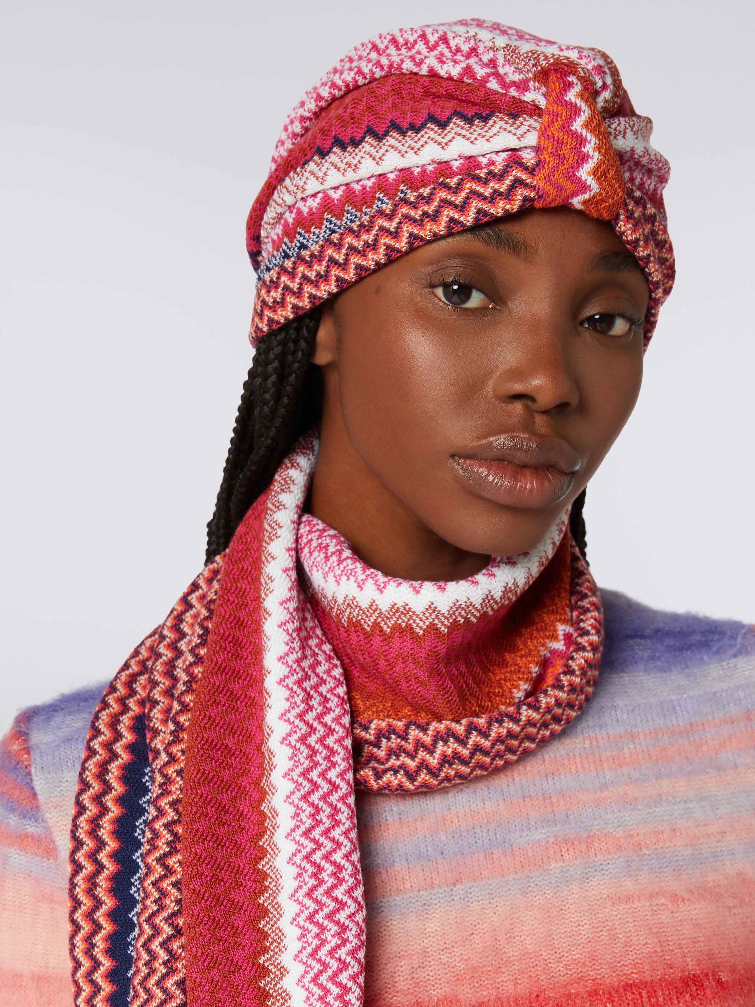 Wool blend turban with zigzag pattern , Multicoloured  - 2