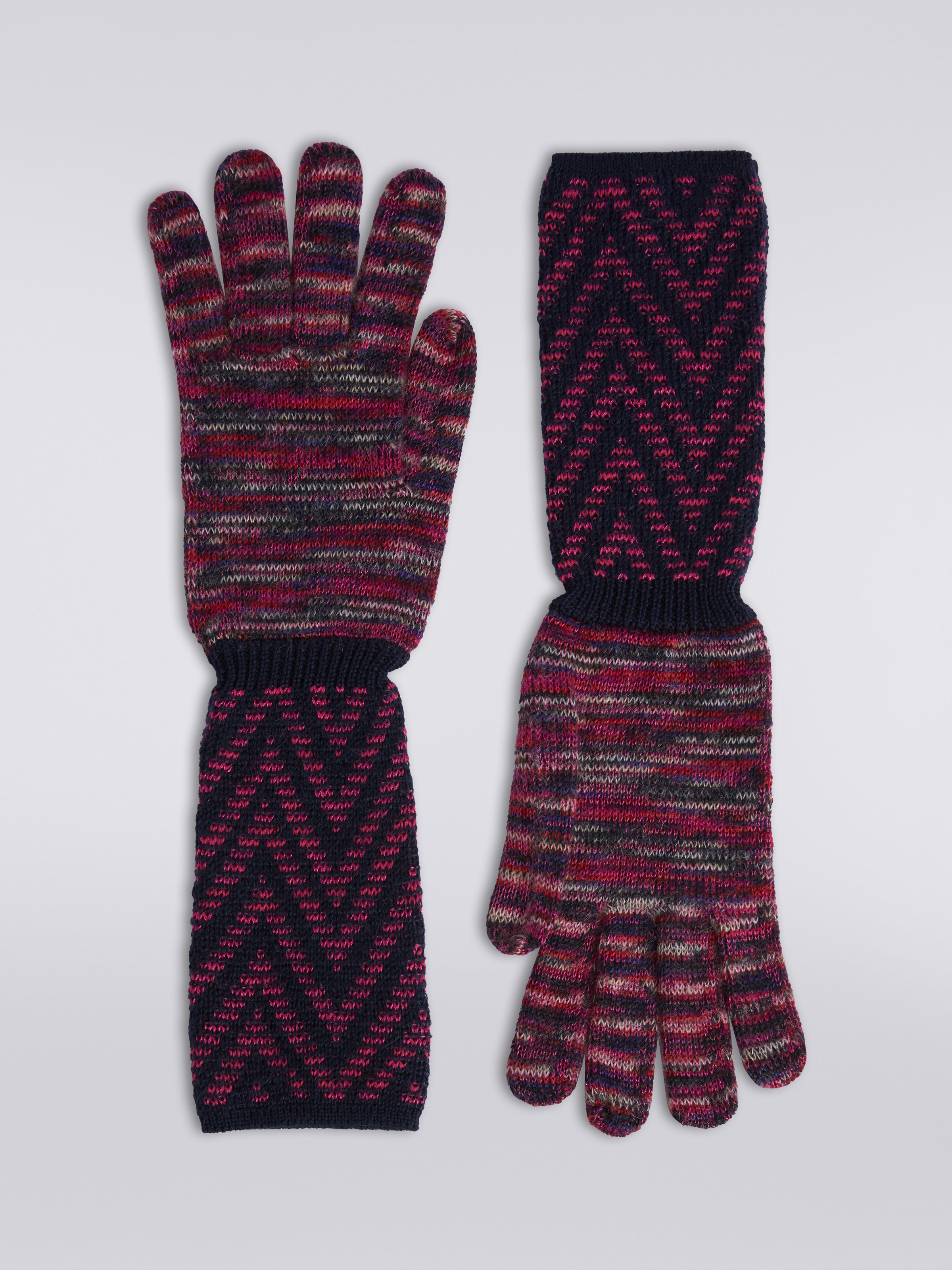 Multi-worked wool and mohair knit gloves, Multicoloured  - 0
