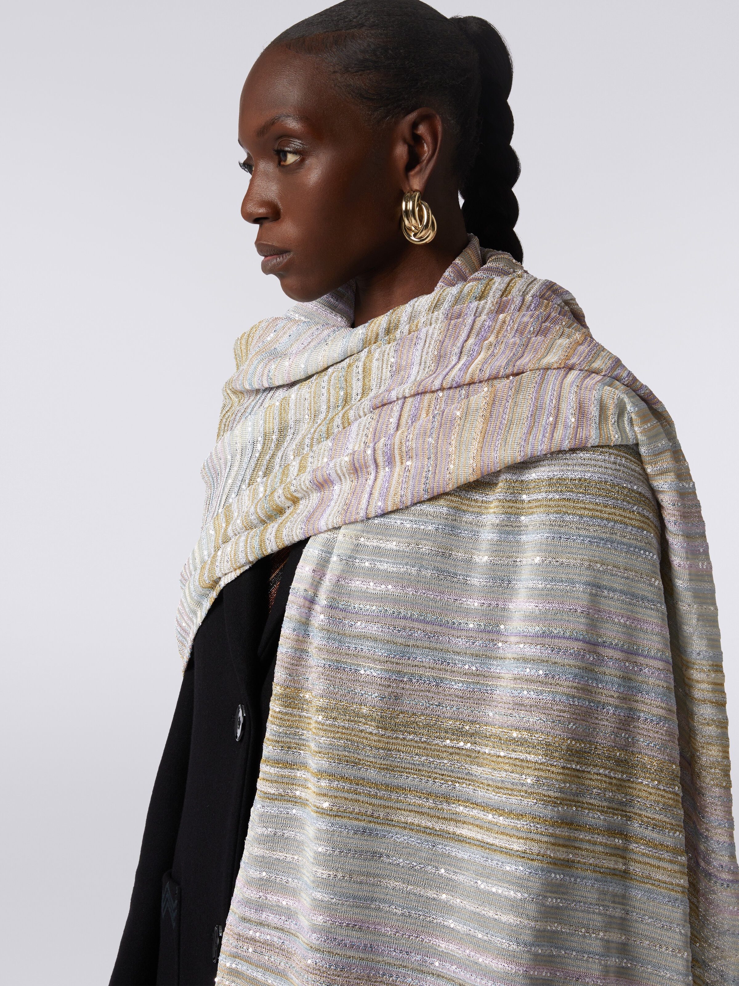 Striped viscose blend stole with sequins, Multicoloured  - 2