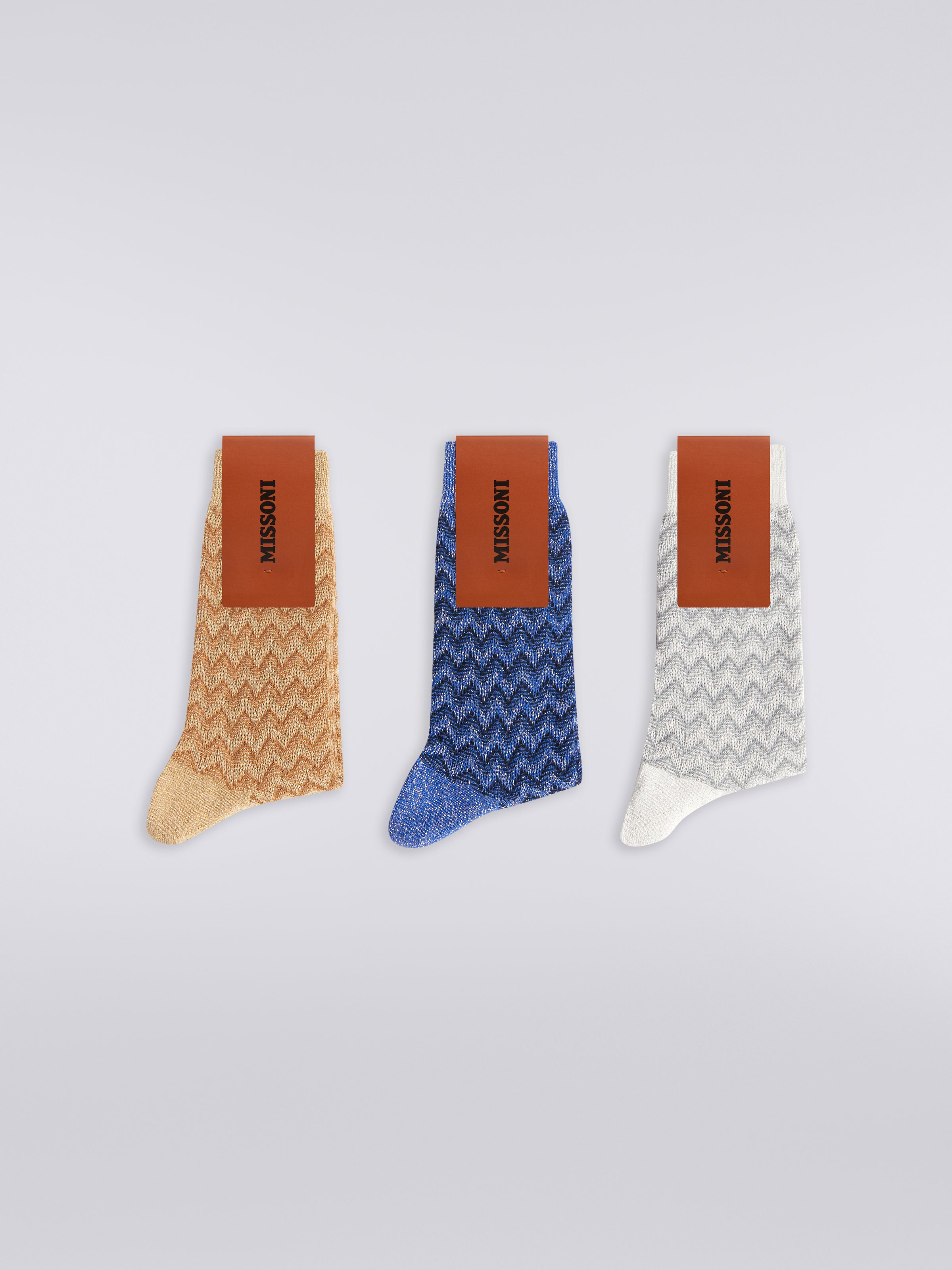 Three-piece set of zigzag cotton blend socks with lurex, Multicoloured  - 0