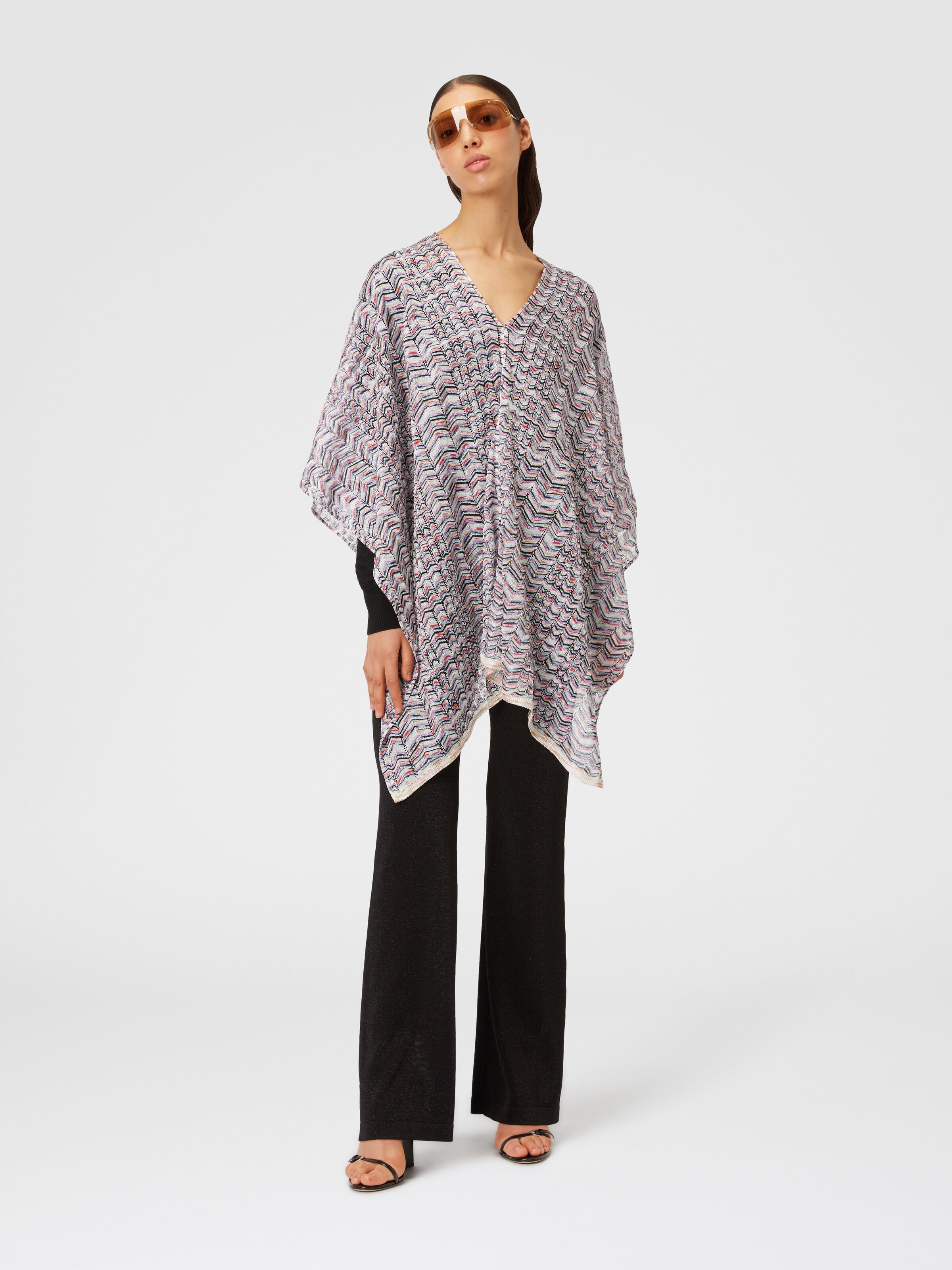 Poncho in viscose and cotton chevron knit, Multicoloured  - 1