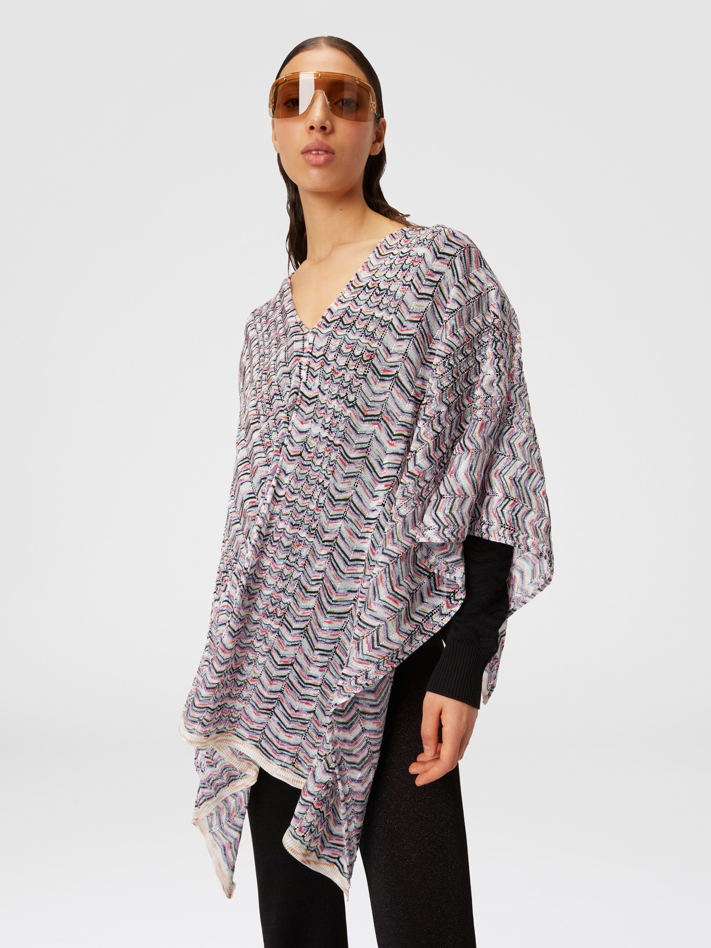 Poncho in viscose and cotton chevron knit, Multicoloured  - 3