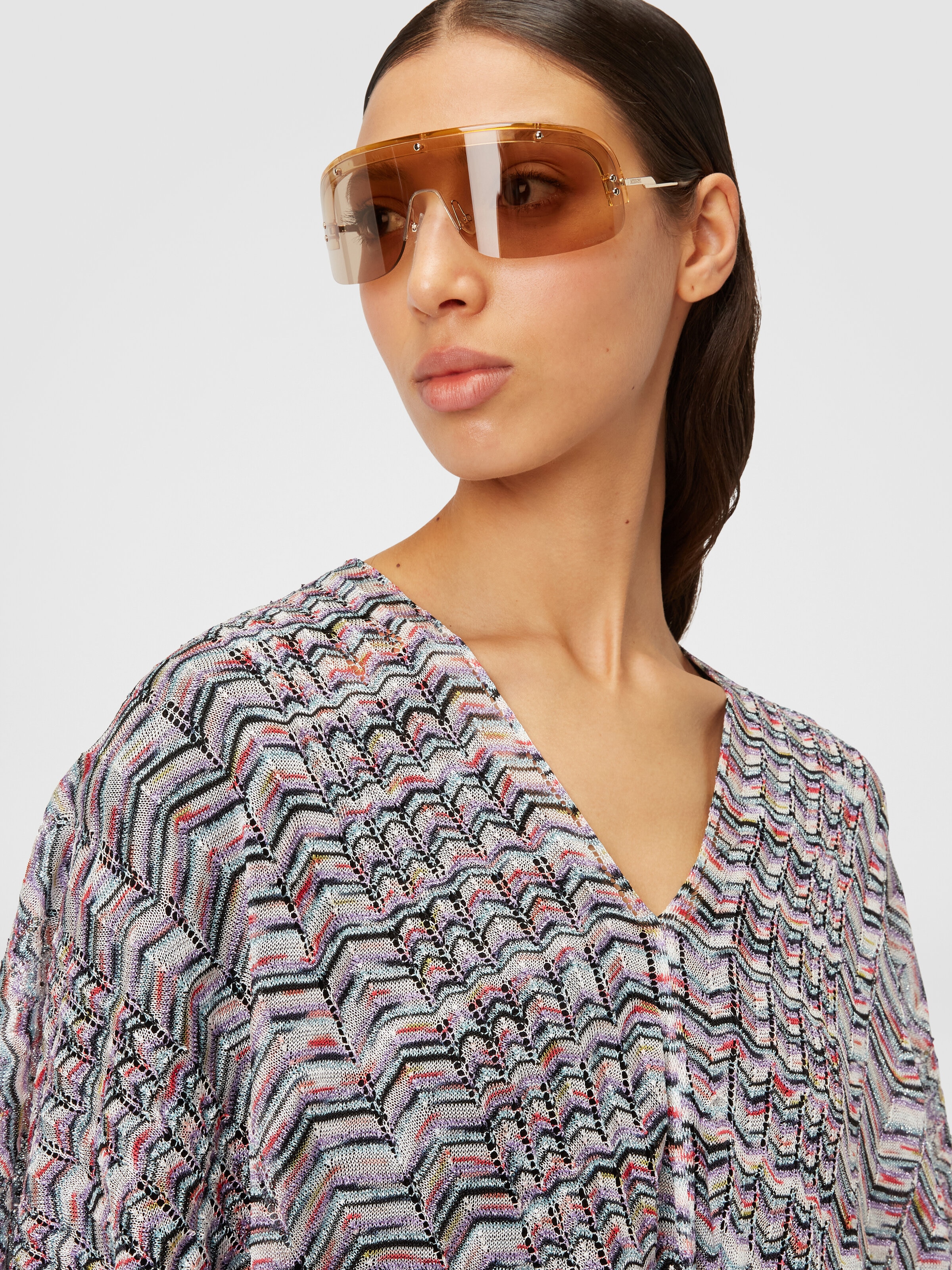 Poncho in viscose and cotton chevron knit, Multicoloured  - 4