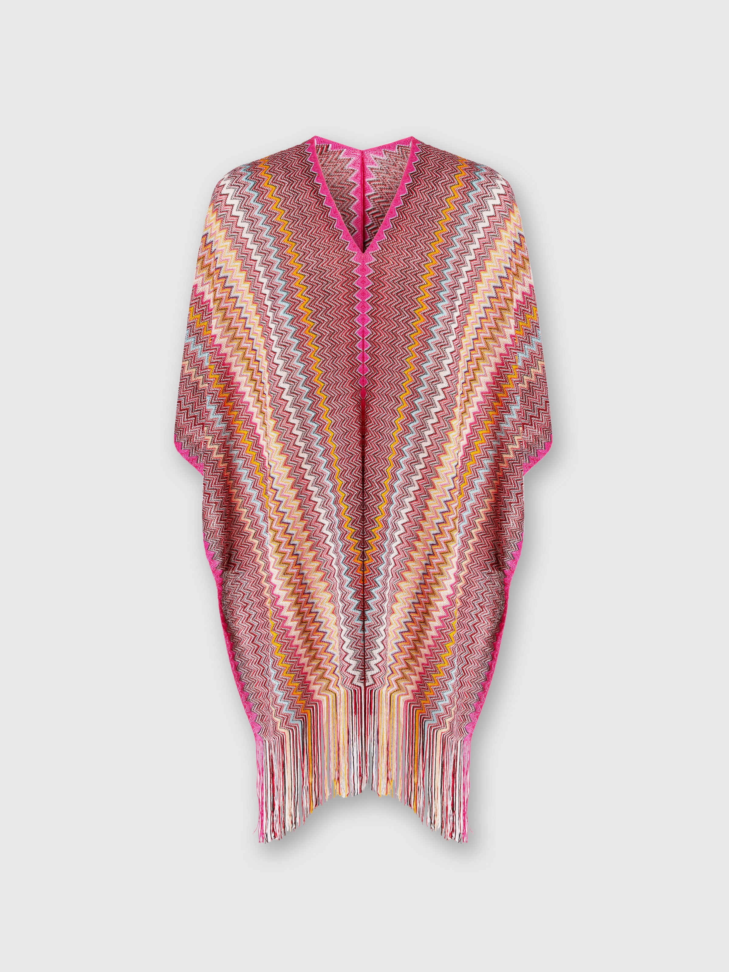 Poncho in zigzag viscose knit with fringes, Multicoloured  - 0