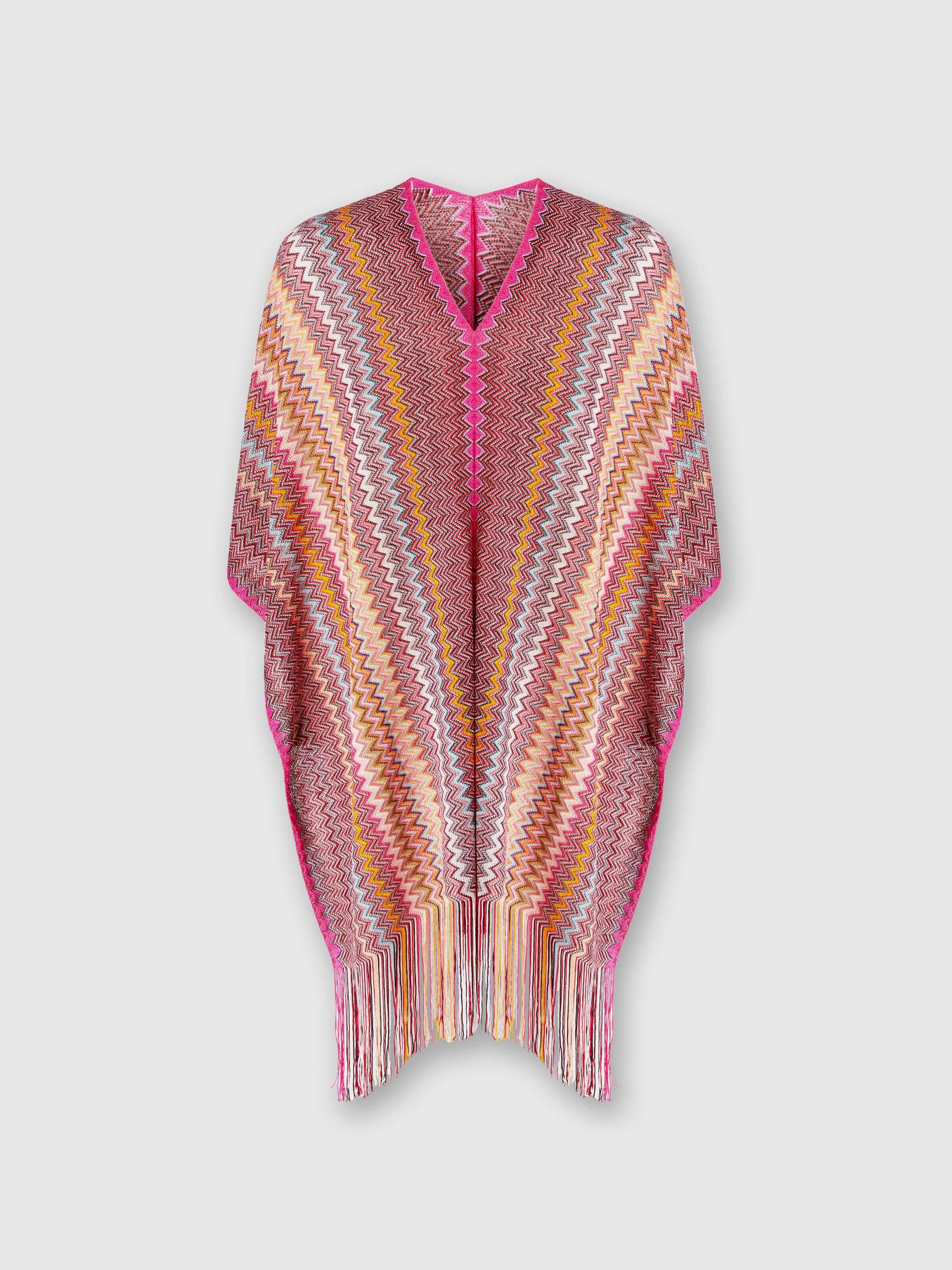 Poncho in maglia di viscosa zig zag con frange, Multicolore  - 0