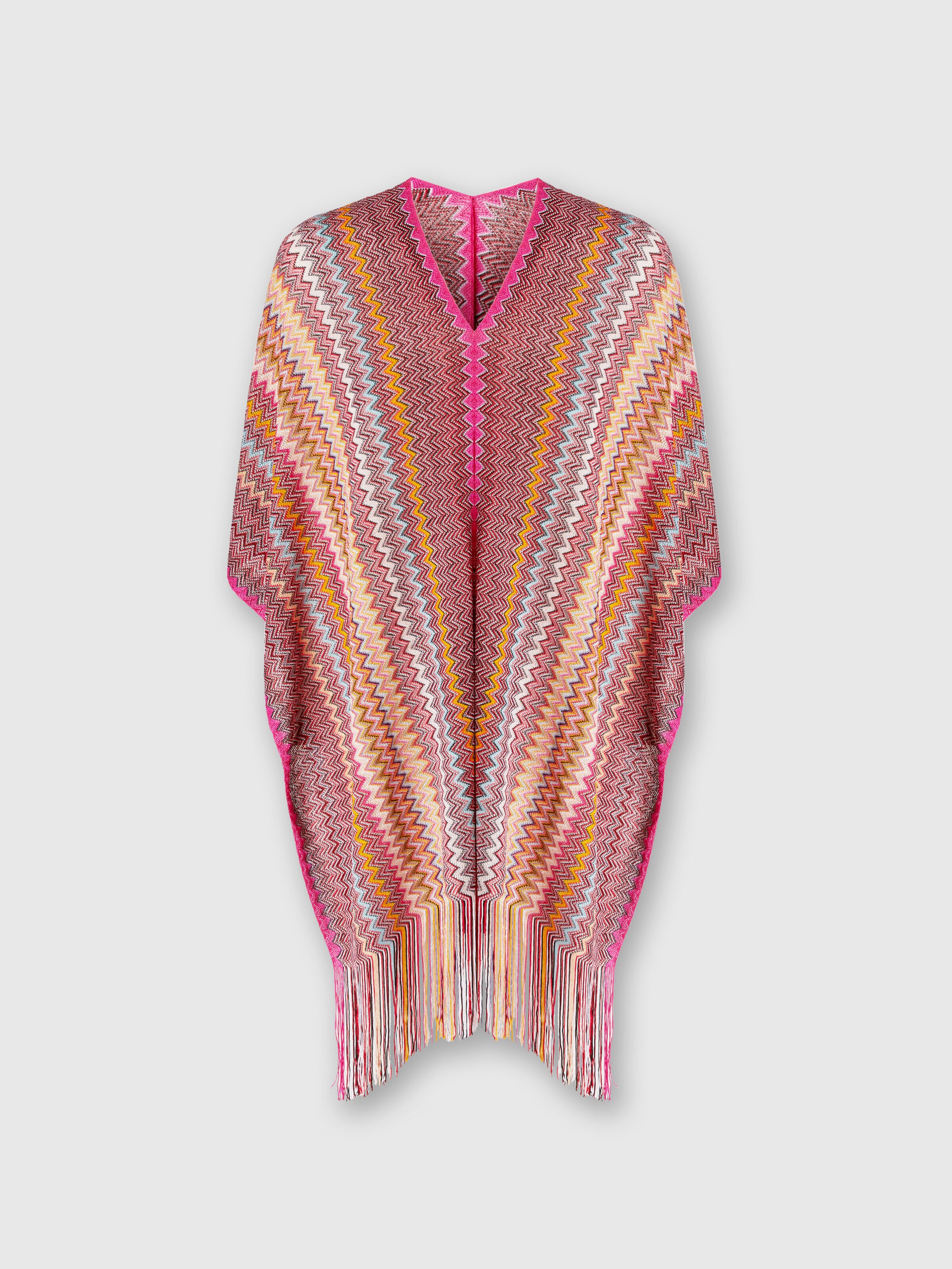 Poncho in zigzag viscose knit with fringes, Multicoloured  - 0