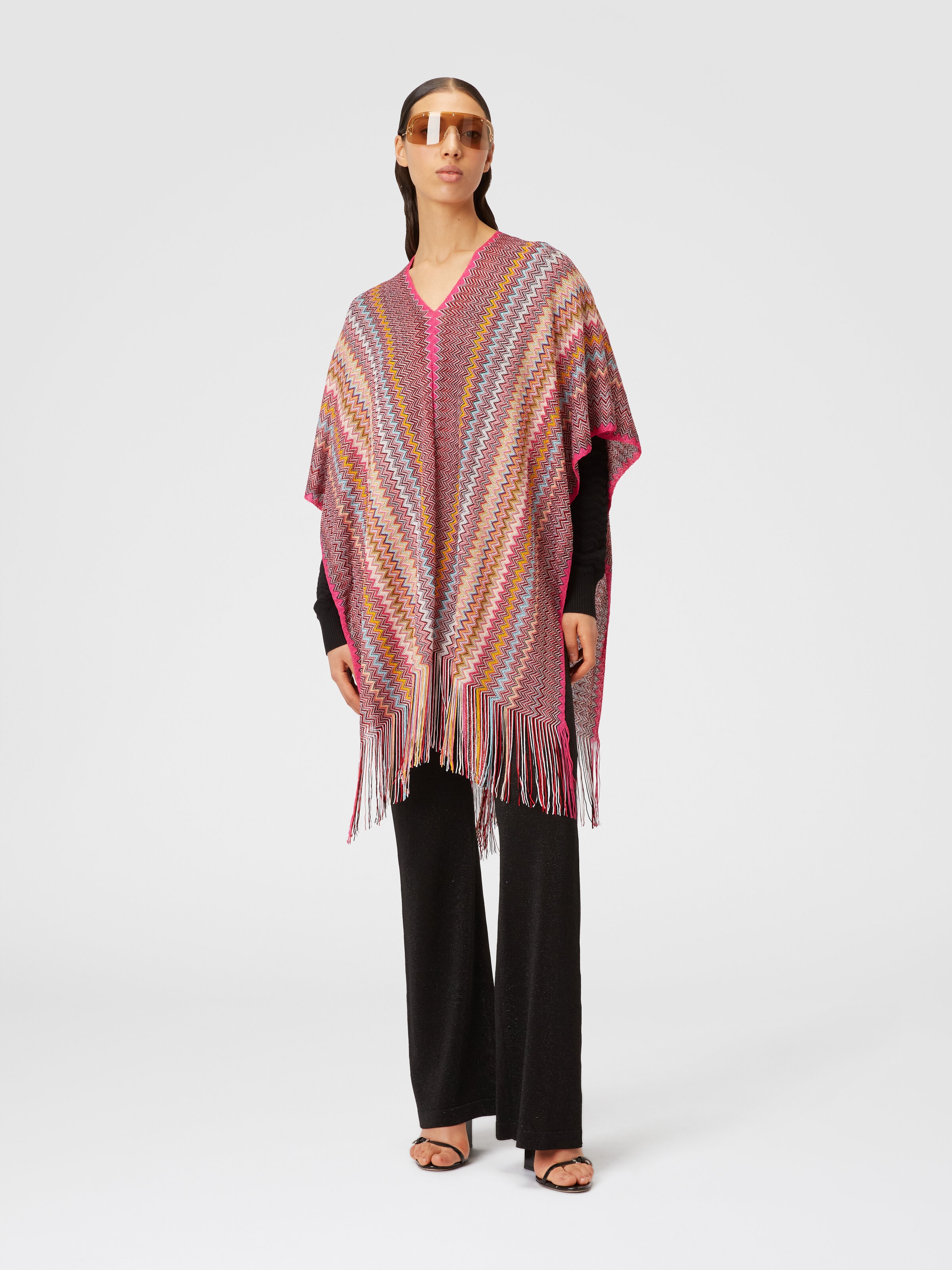 Poncho in zigzag viscose knit with fringes, Multicoloured  - 1